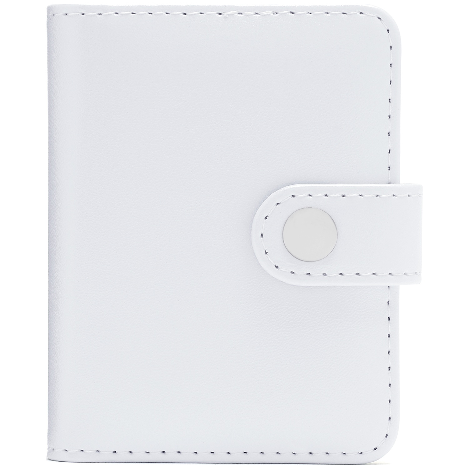 White wallet with snap closure and stitching.