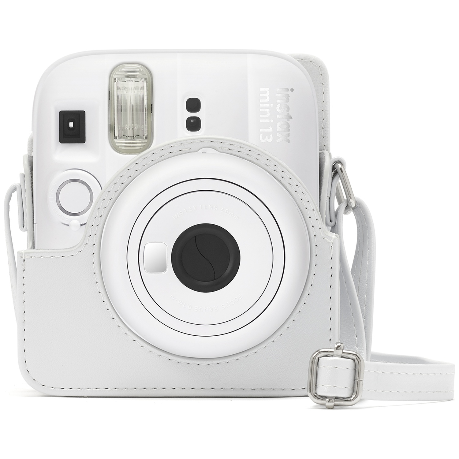 A white instant camera with a matching protective case and strap.