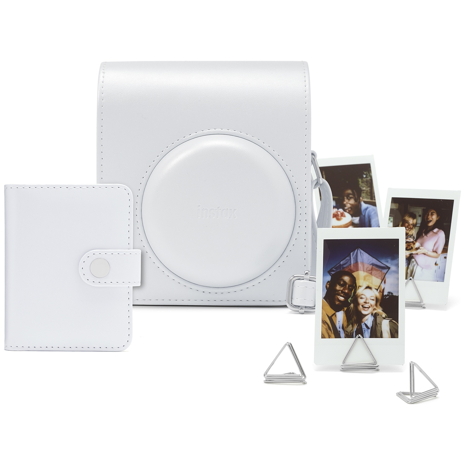 White leather case with photos and photo clips.