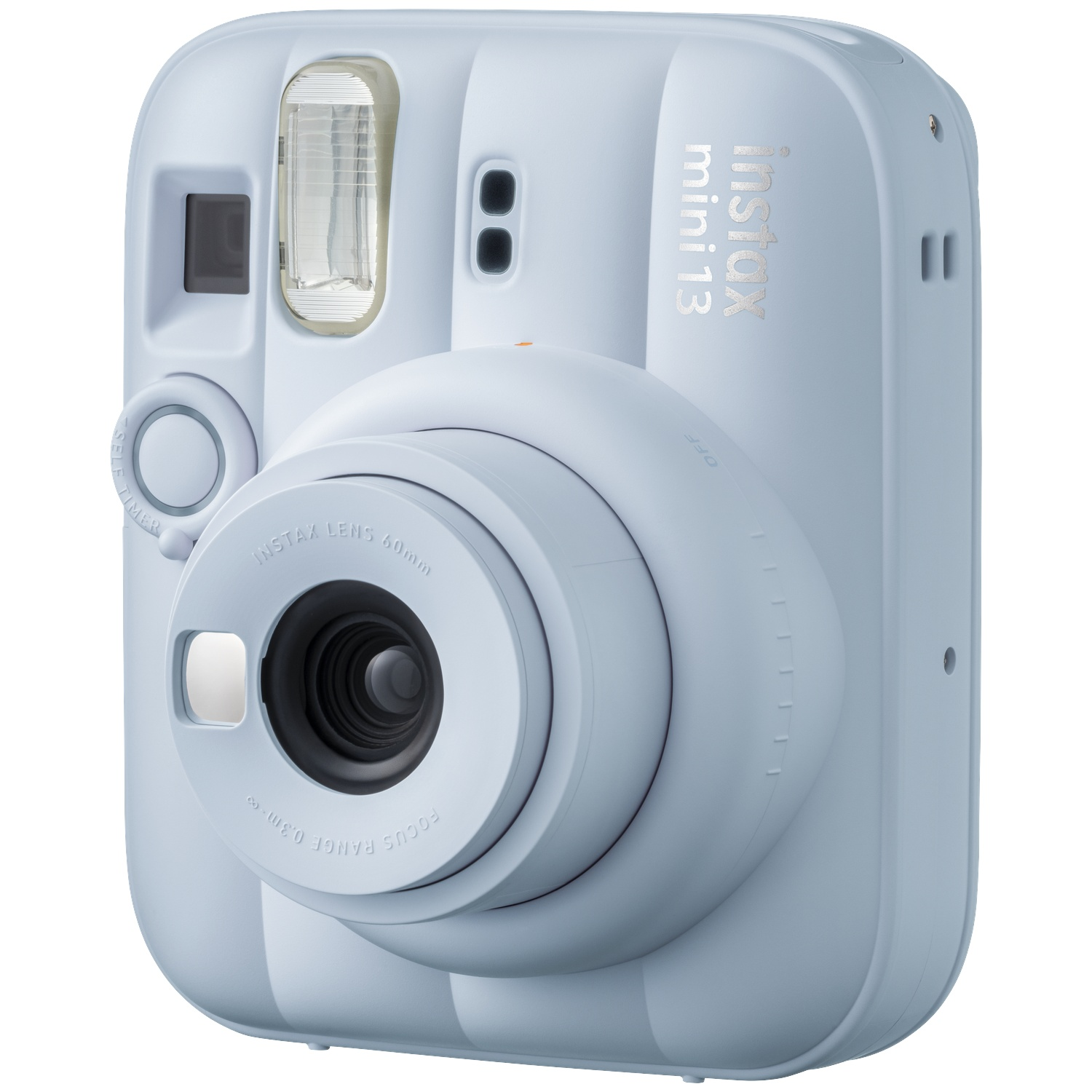 Appareil photo instantané bleu clair avec objectif, flash et texte "instax mini 13".