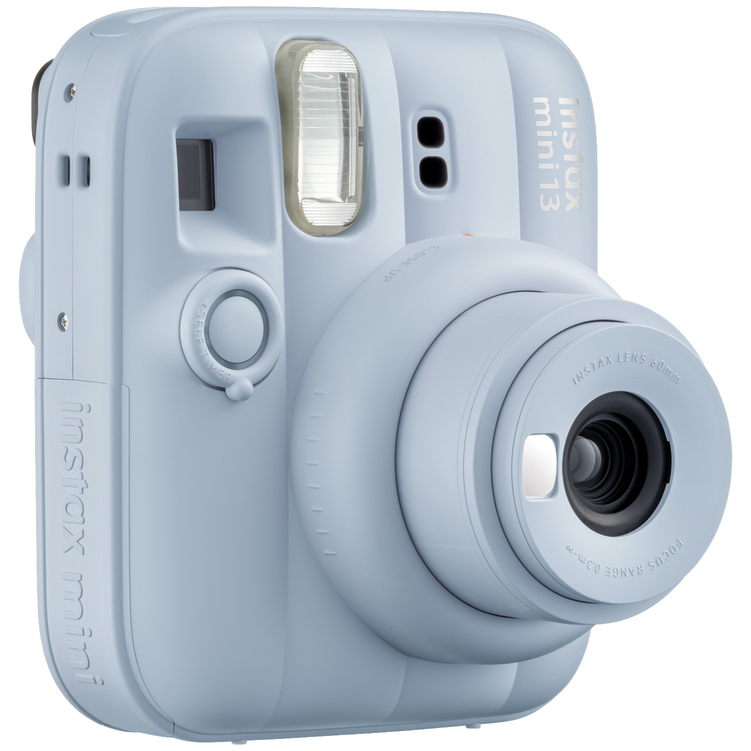 Un appareil photo instantané Instax Mini 13 bleu clair avec objectif et flash.