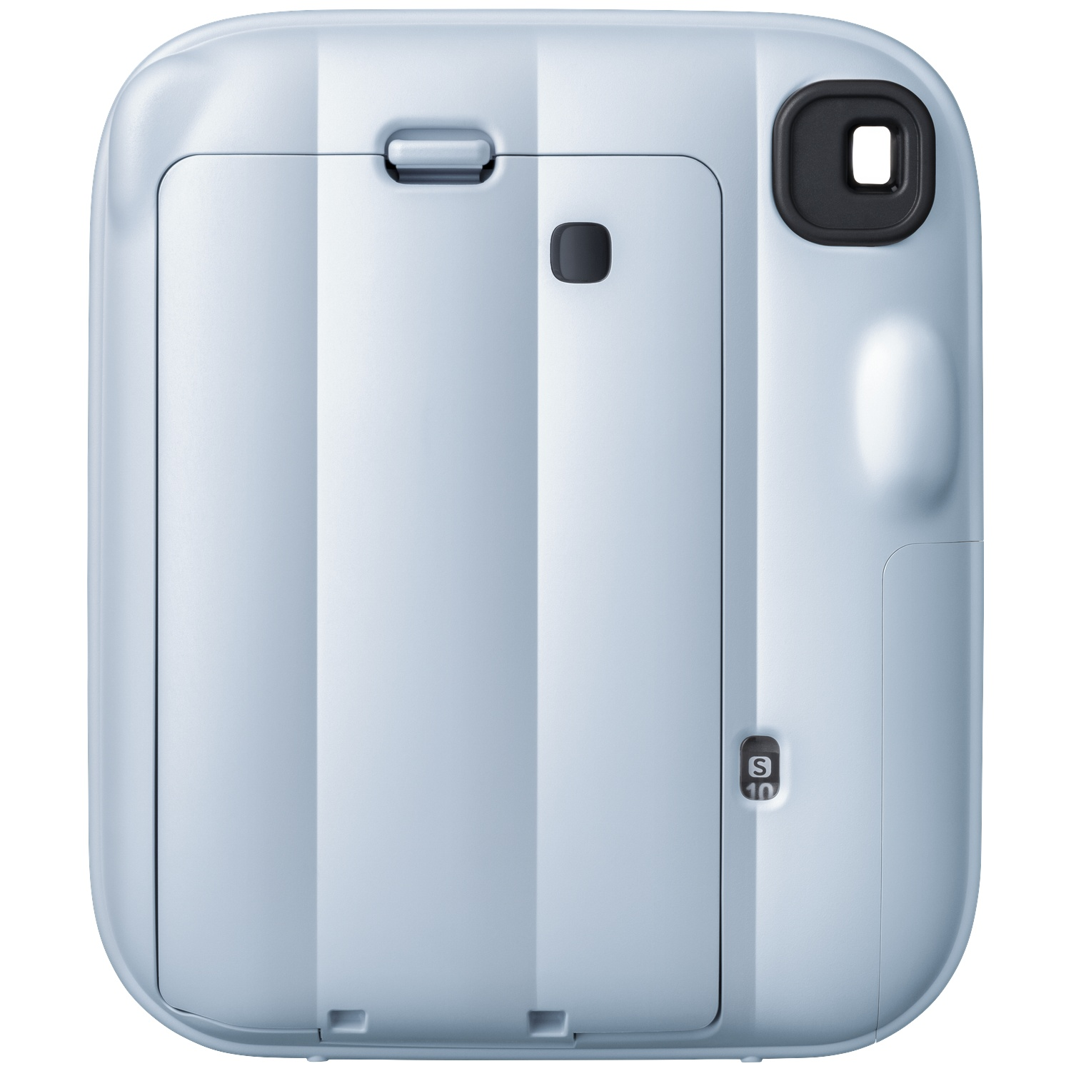 Arrière d'un appareil photo instantané bleu clair à rayures verticales et viseur.