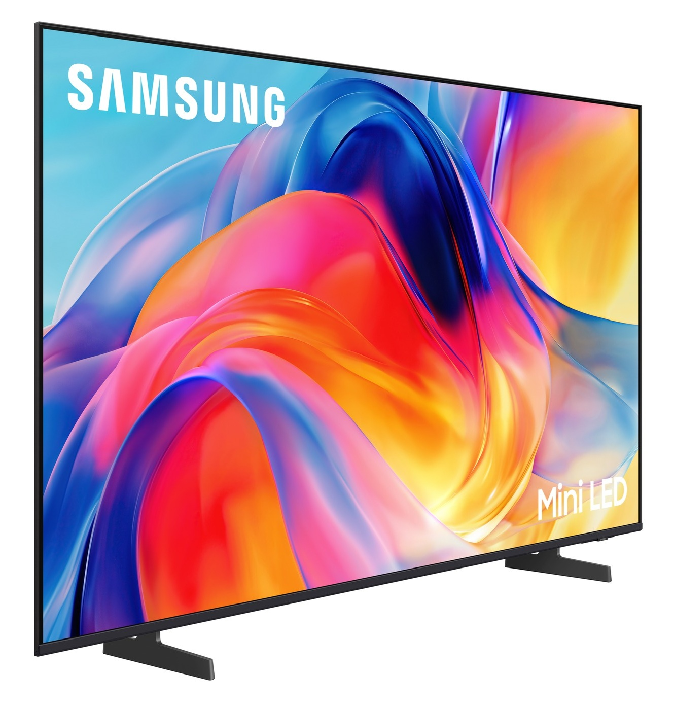 Telewizor Samsung Mini LED z kolorowym wygaszaczem ekranu i czarną podstawką.