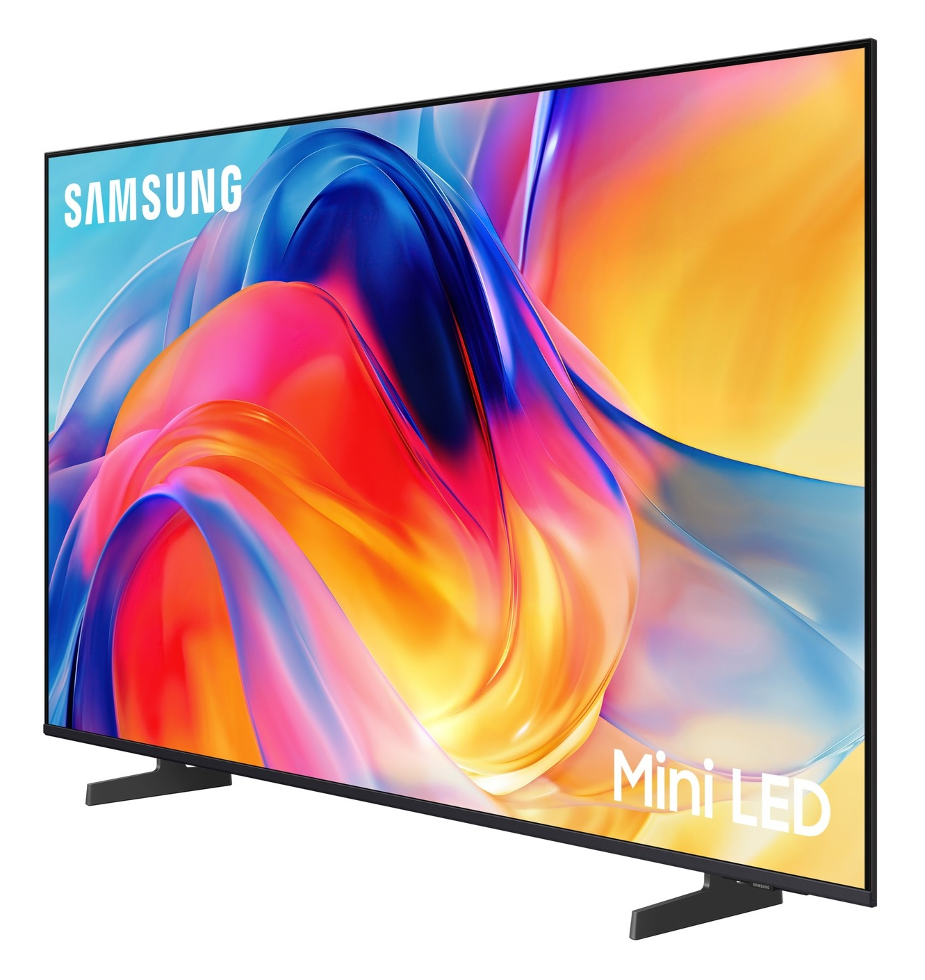 Telewizor Samsung Mini LED z żywym abstrakcyjnym wygaszaczem ekranu i czarną podstawą.