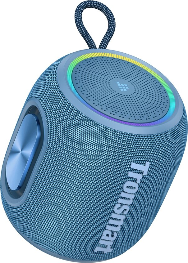 Niebieski głośnik Tronsmart z logo i kolorowym podświetleniem LED.