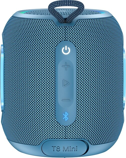 Niebieski głośnik Bluetooth z przyciskiem zasilania, regulacją głośności i napisem "T8 Mini".