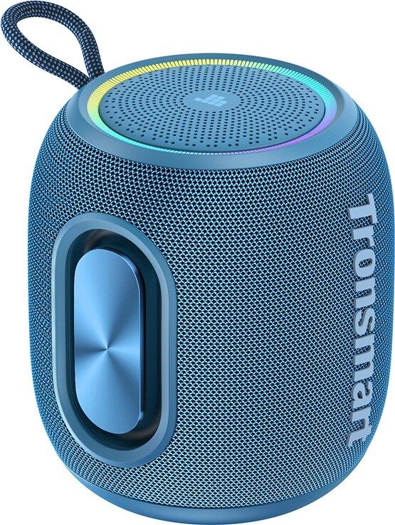 Niebieski głośnik Bluetooth z kolorowymi światłami i pętelką.