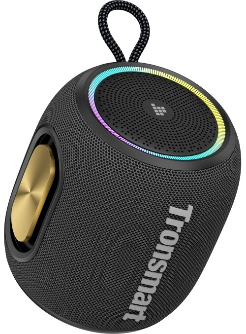 Czarny głośnik ze złotym przyciskiem, logo Tronsmart i tęczowym pierścieniem LED.