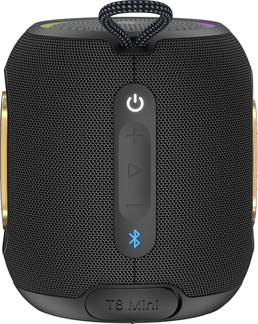Czarny głośnik Bluetooth z uchwytem i przyciskami sterowania.