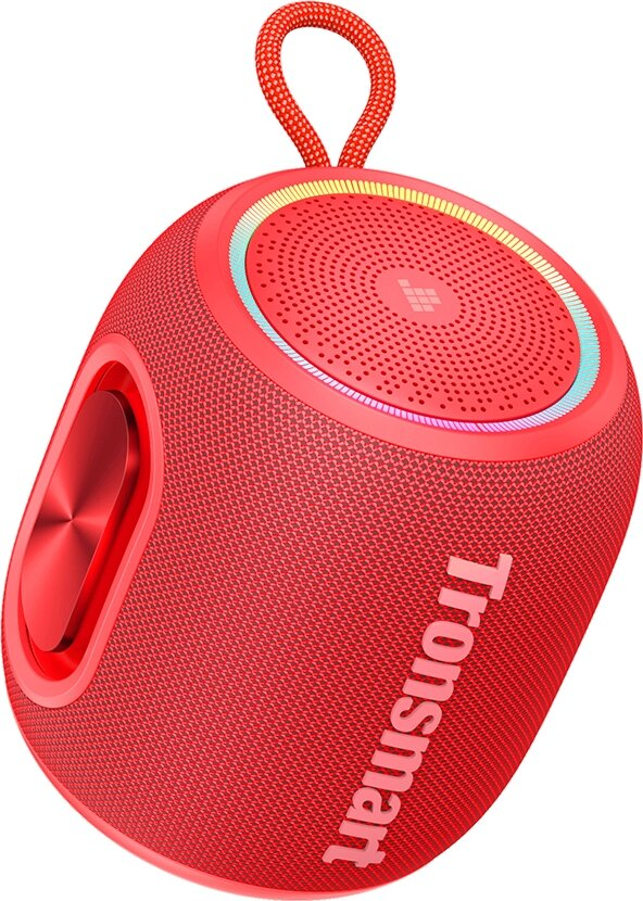 Czerwony, przenośny głośnik z logo Tronsmart i uchwytem.