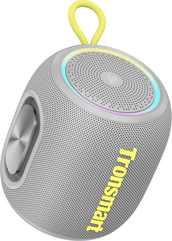 Szary, owalny głośnik Bluetooth z żółtą pętlą i kolorowymi światłami.
