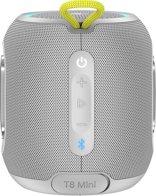 Biały, sześcienny głośnik Bluetooth z żółtą pętlą i przyciskami sterującymi.