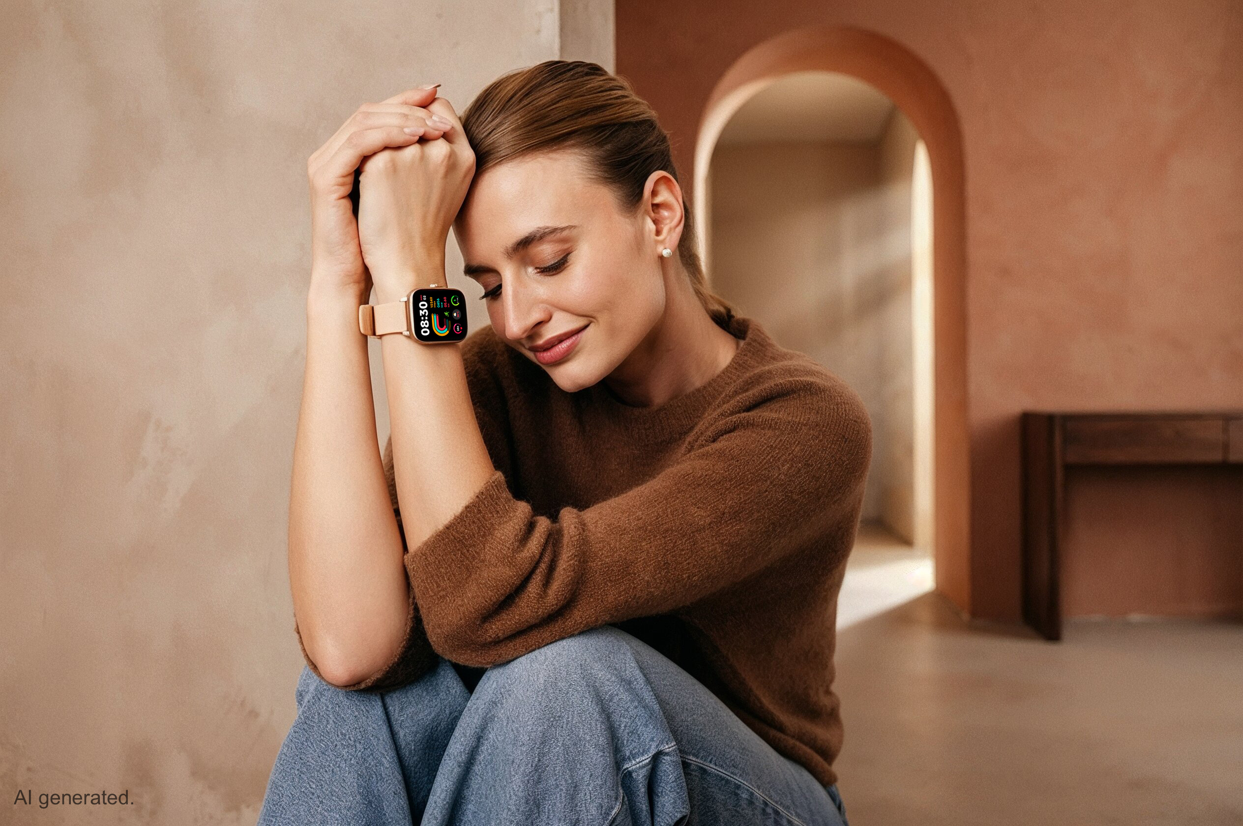 Frau mit einem Smartwatch am Handgelenk, sitzt im Schneidersitz in einem Raum mit rötlichen Wänden.