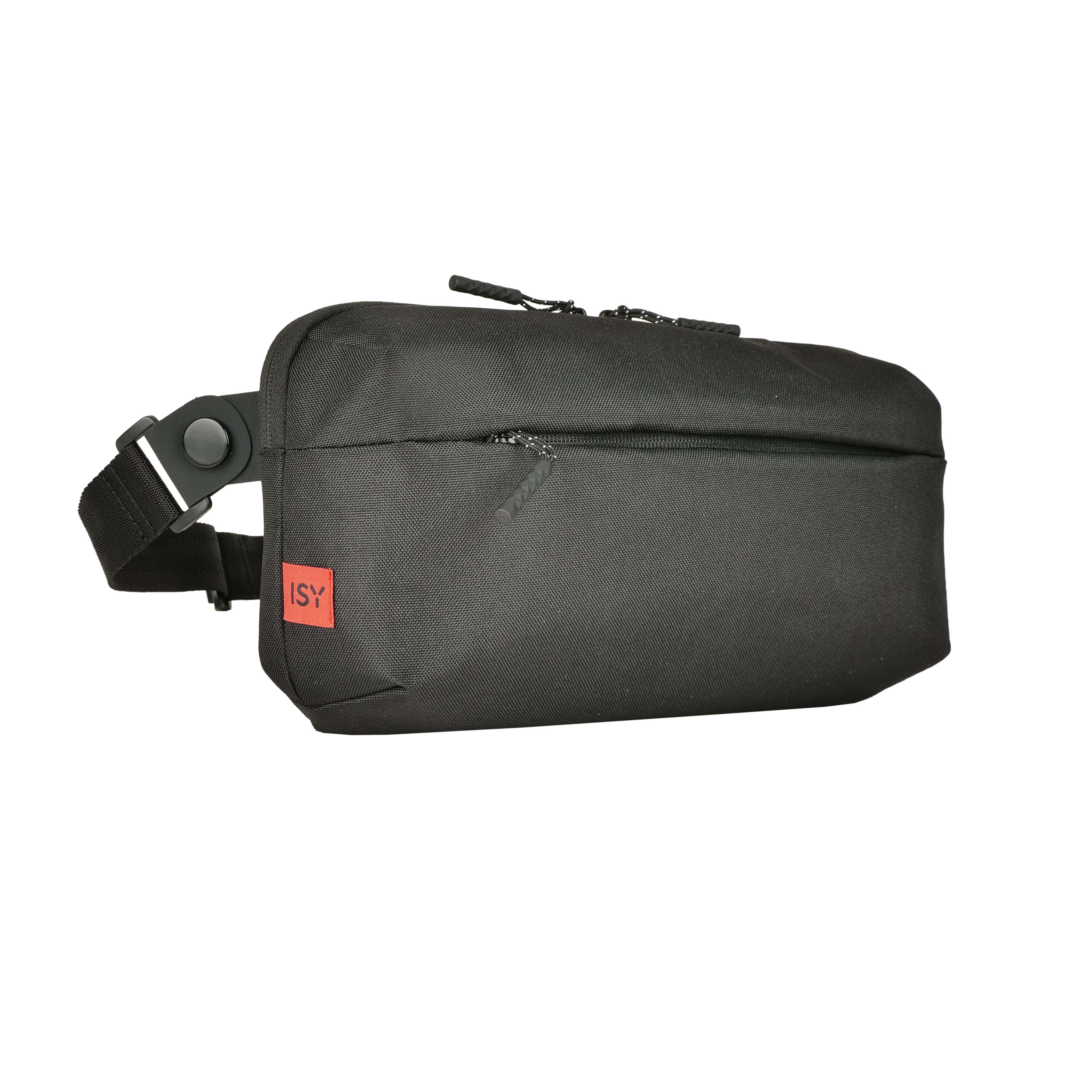 Schwarze Bauchtasche mit rotem ISY-Logo und Reißverschlüssen.