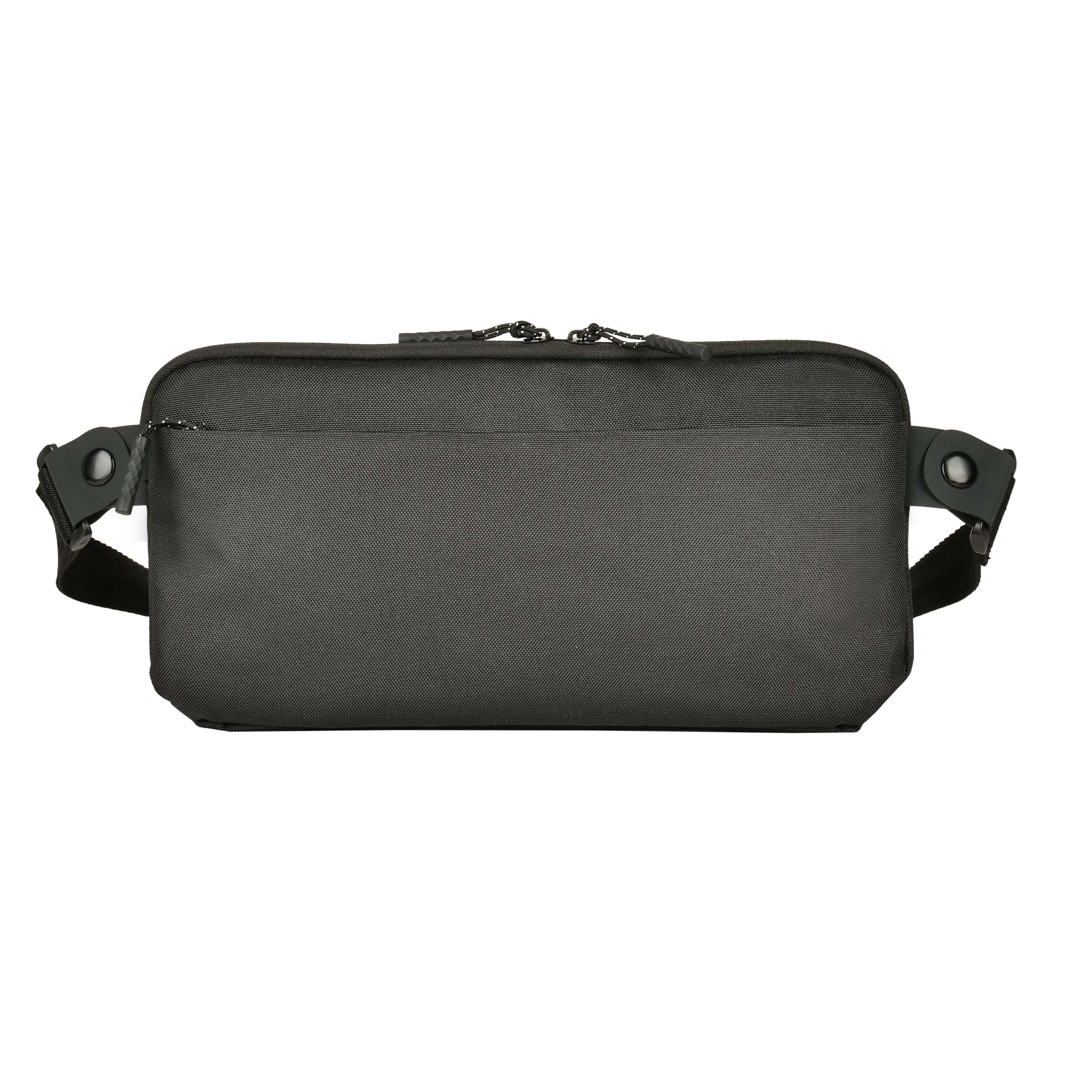 Schwarze Bauchtasche mit Reißverschluss und verstellbarem Gurt.