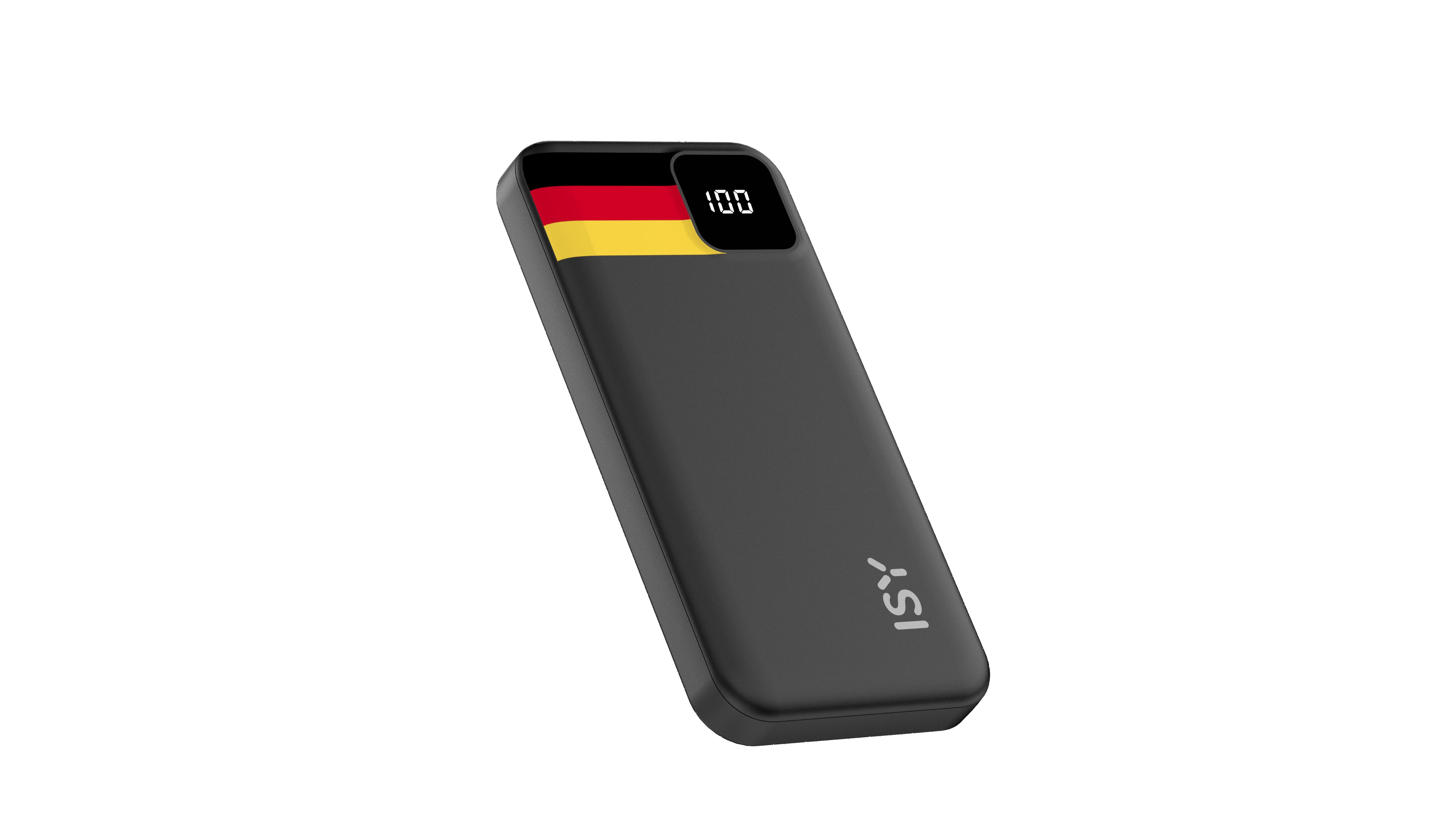 Schwarzes Powerbank mit deutschem Flaggenstreifen und digitaler Anzeige.