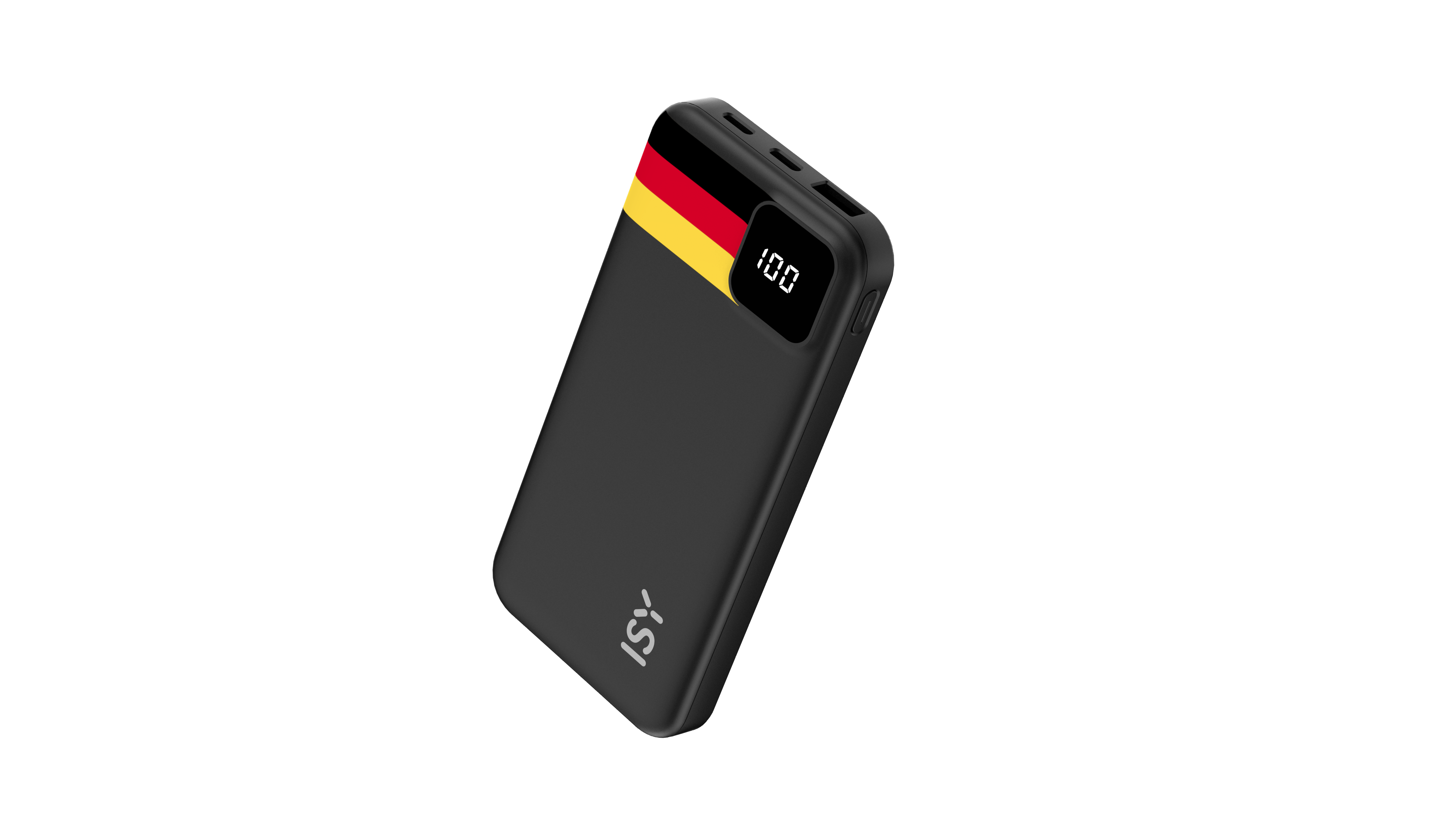Schwarzes Ladegerät mit deutschem Flaggenmuster und digitaler Anzeige.