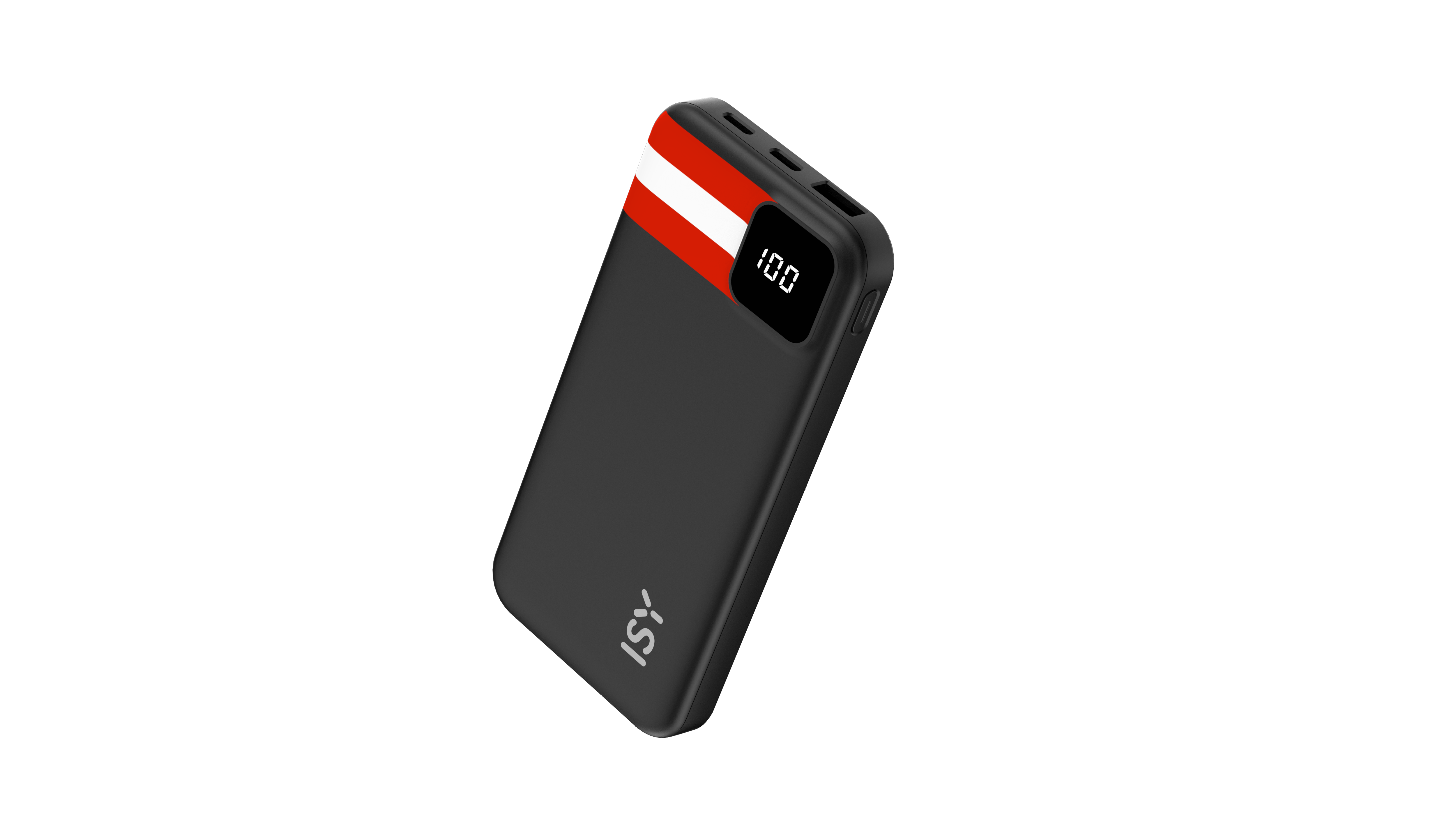 Schwarzer Powerbank mit rotem und weißem Streifen und 100% Anzeige.