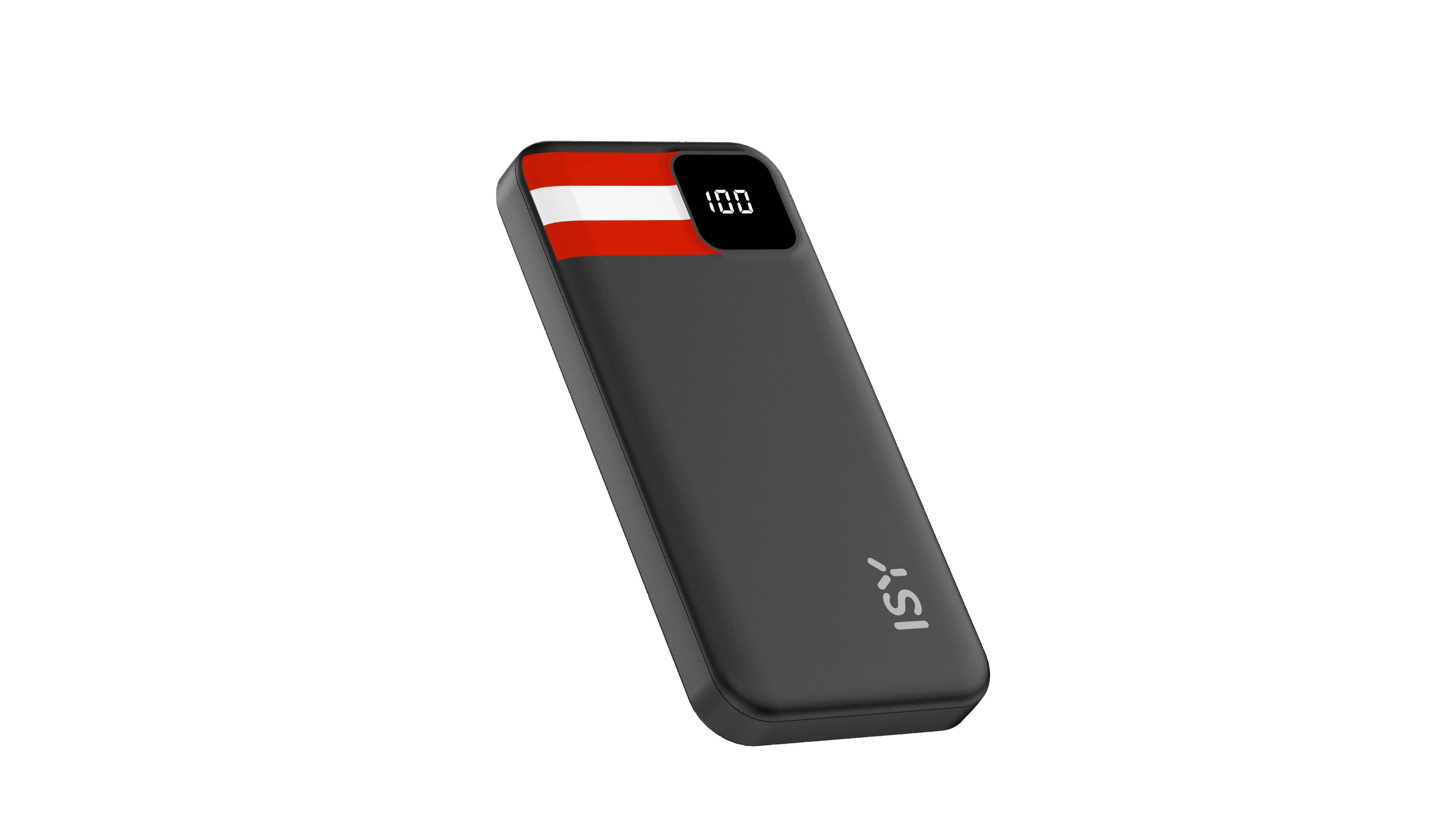 Ein schwarzes Powerbank mit Österreich-Flagge und digitaler Anzeige.