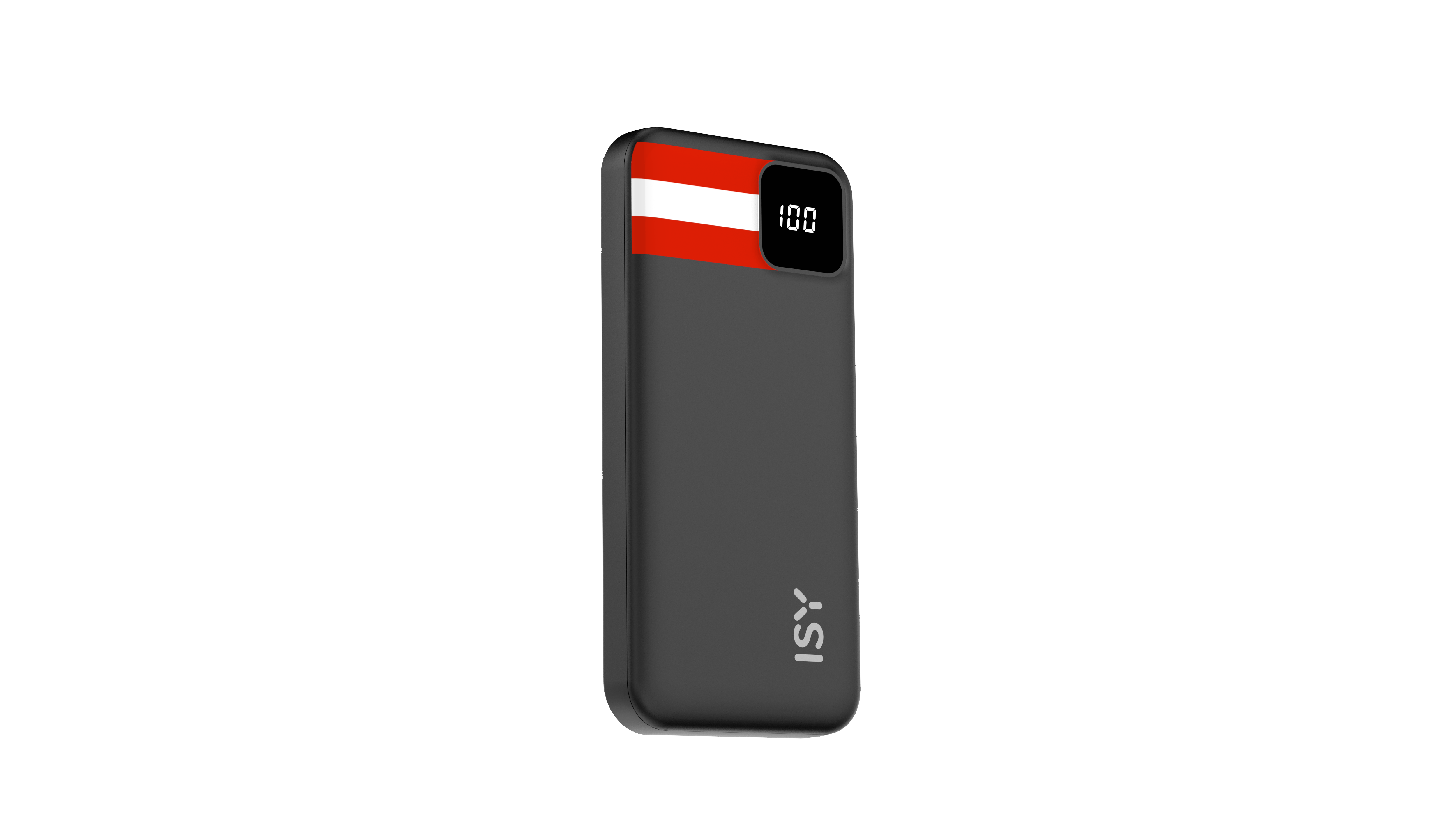 Grauer Powerbank mit Österreich-Flagge und digitaler Anzeige '100'.