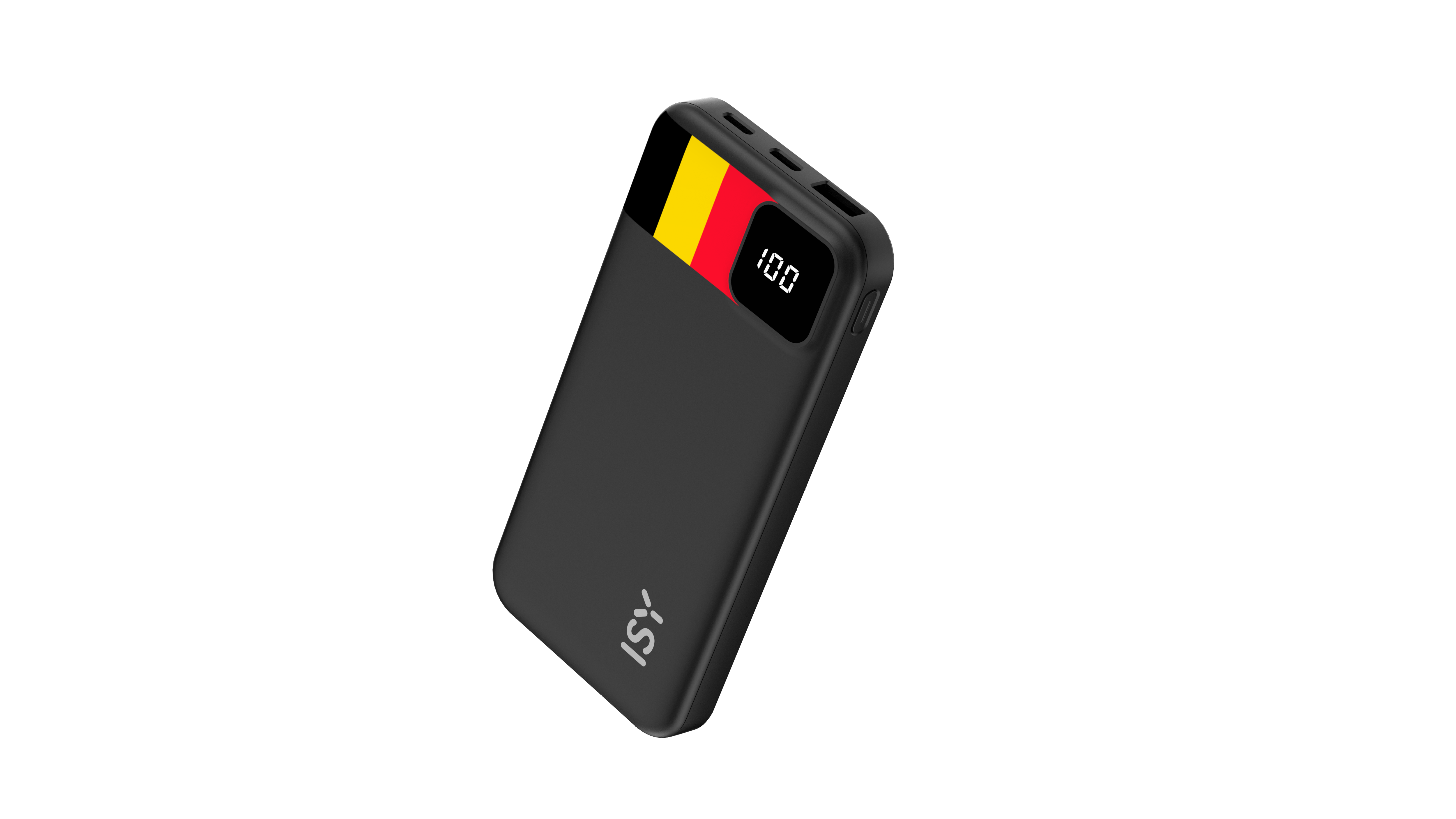 Schwarzes Powerbank mit belgischer Flagge und digitaler Anzeige 100.