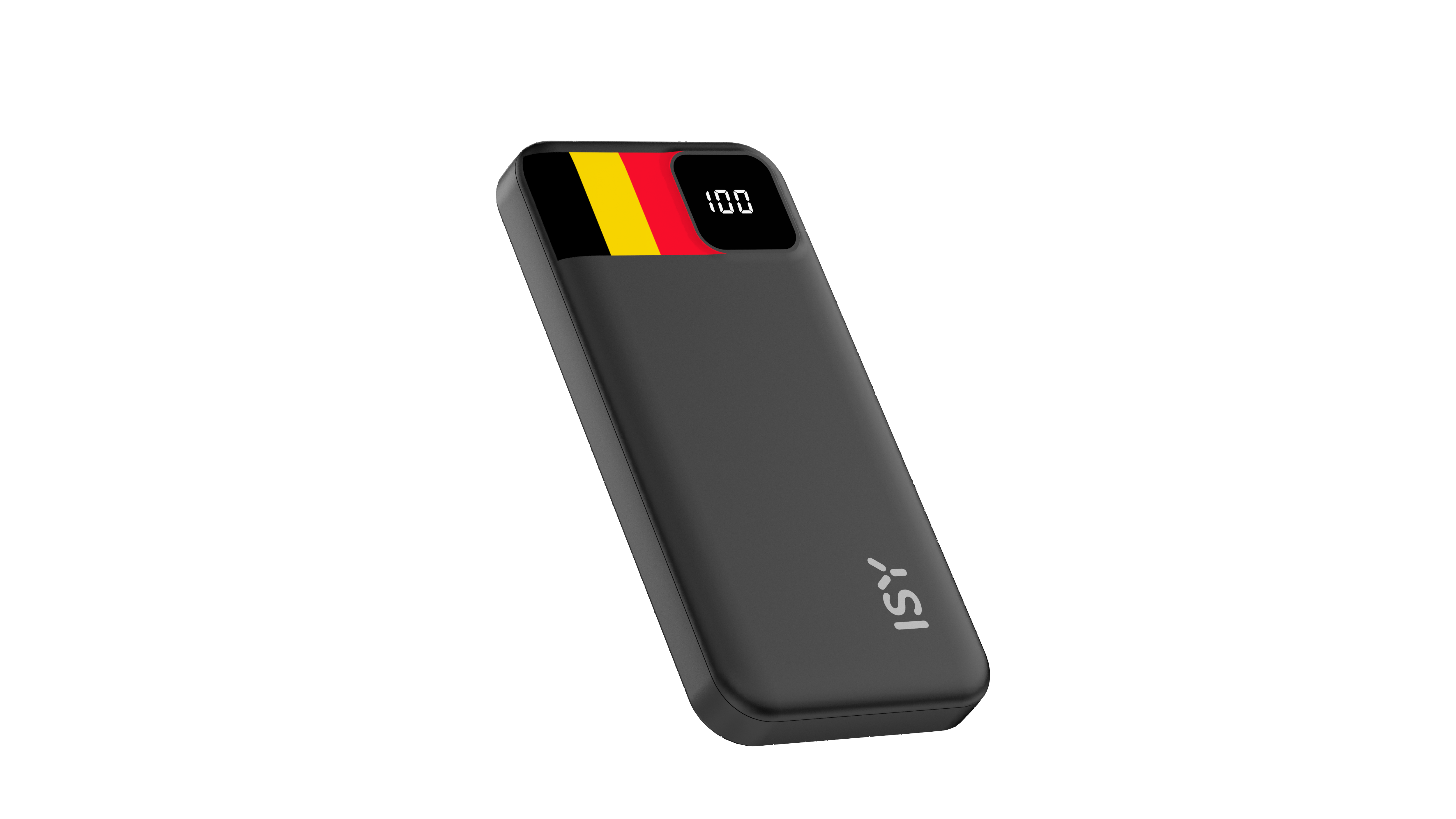 Schwarzes Ladegerät mit belgischer Flagge und digitaler 100-Anzeige.
