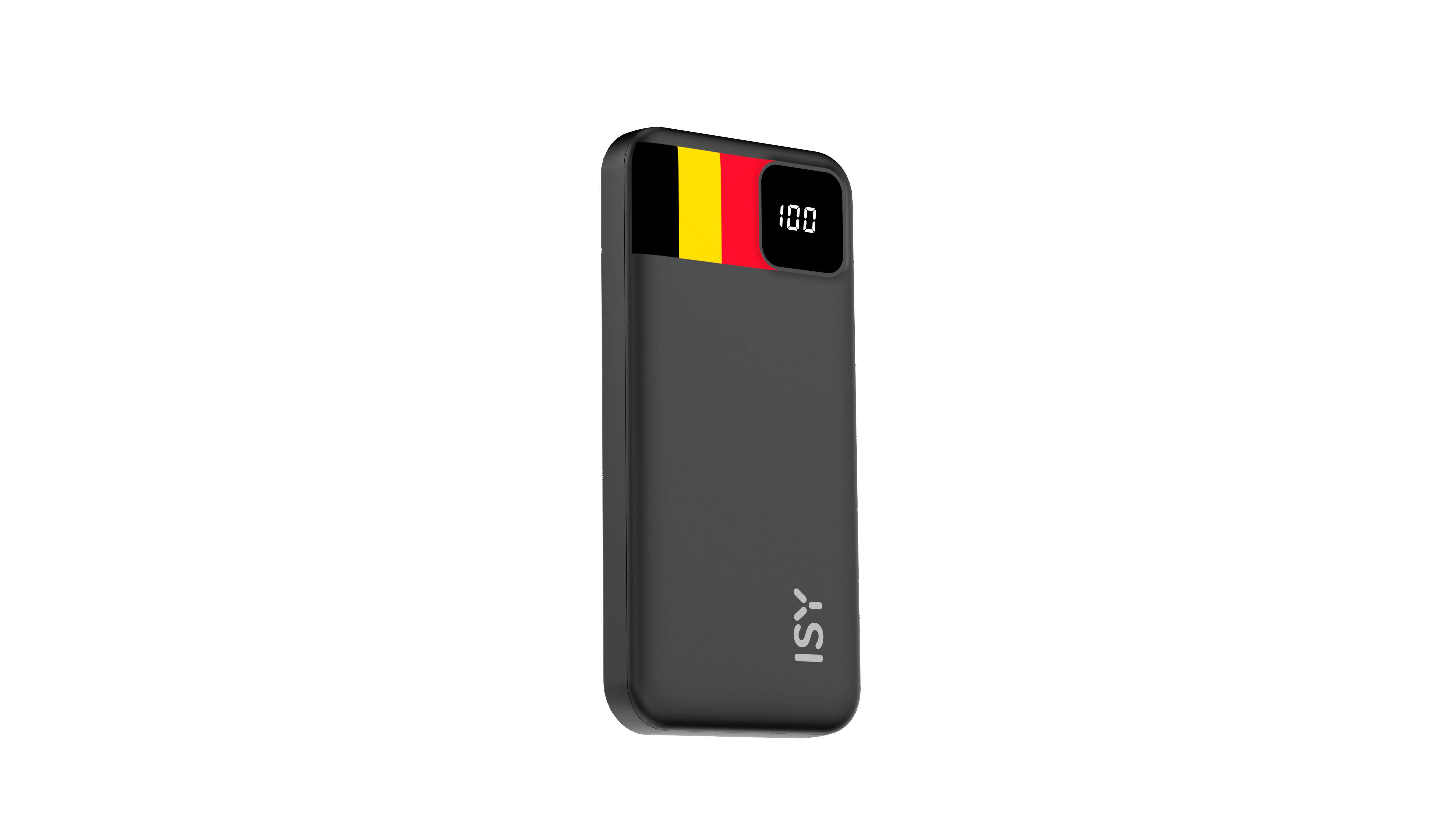 Schwarzes ISY Powerbank mit Belgien-Flagge und 100% Anzeige.