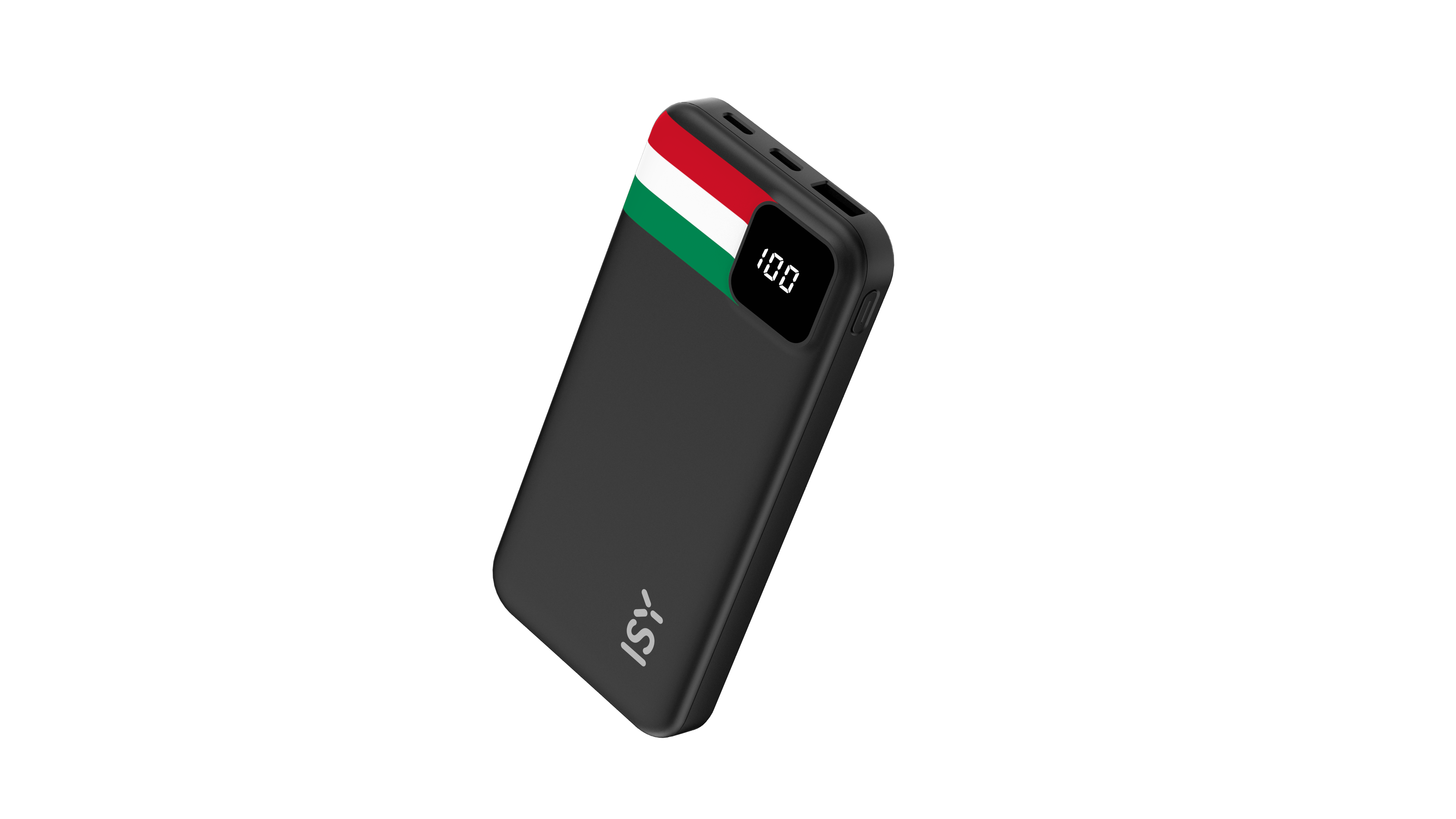 Schwarzer Powerbank mit ungarischer Flagge und 100% Anzeige.