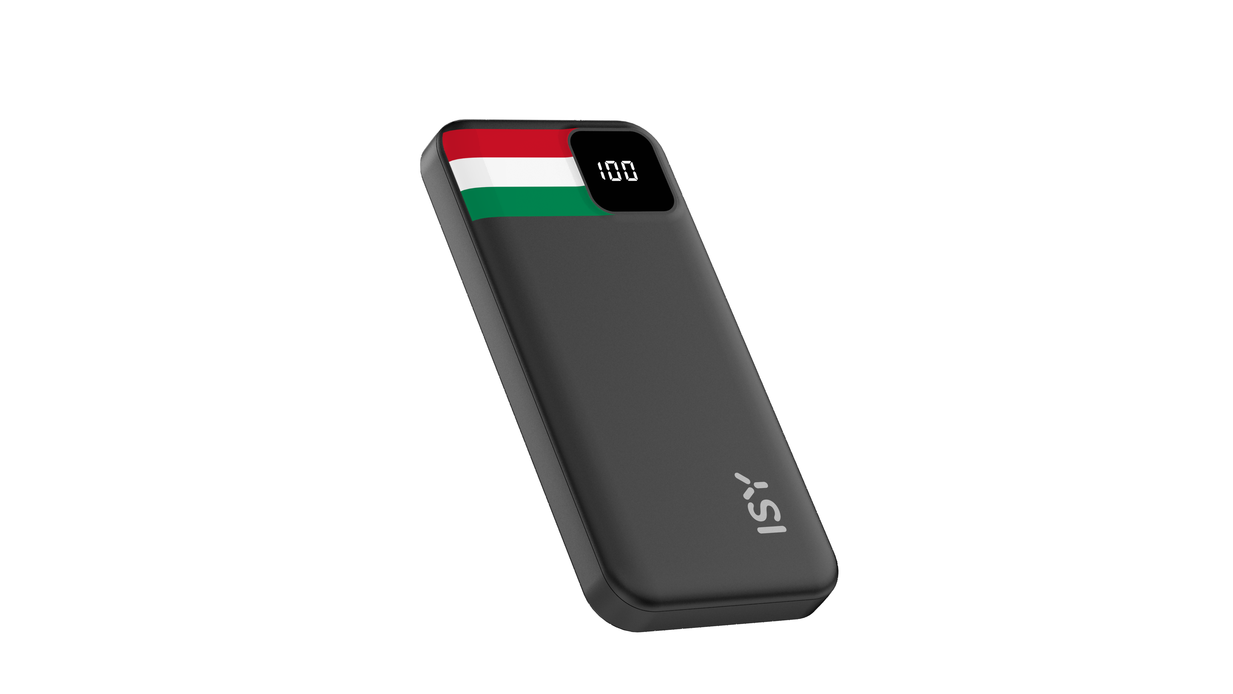 Grauer Powerbank mit ungarischer Flagge und digitaler Anzeige.