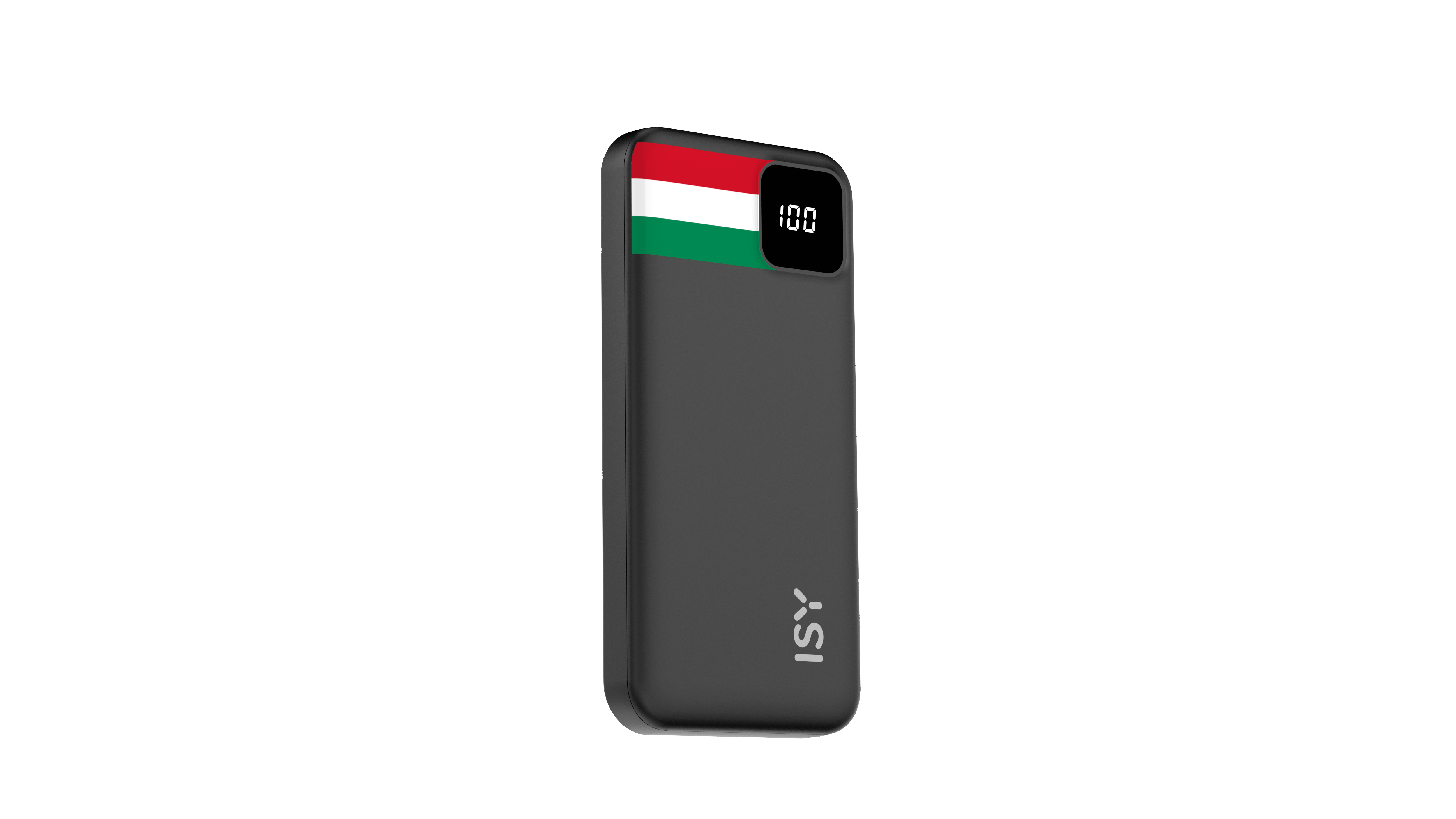 Schwarzer Powerbank mit ungarischer Flagge und digitaler Anzeige bei 100.