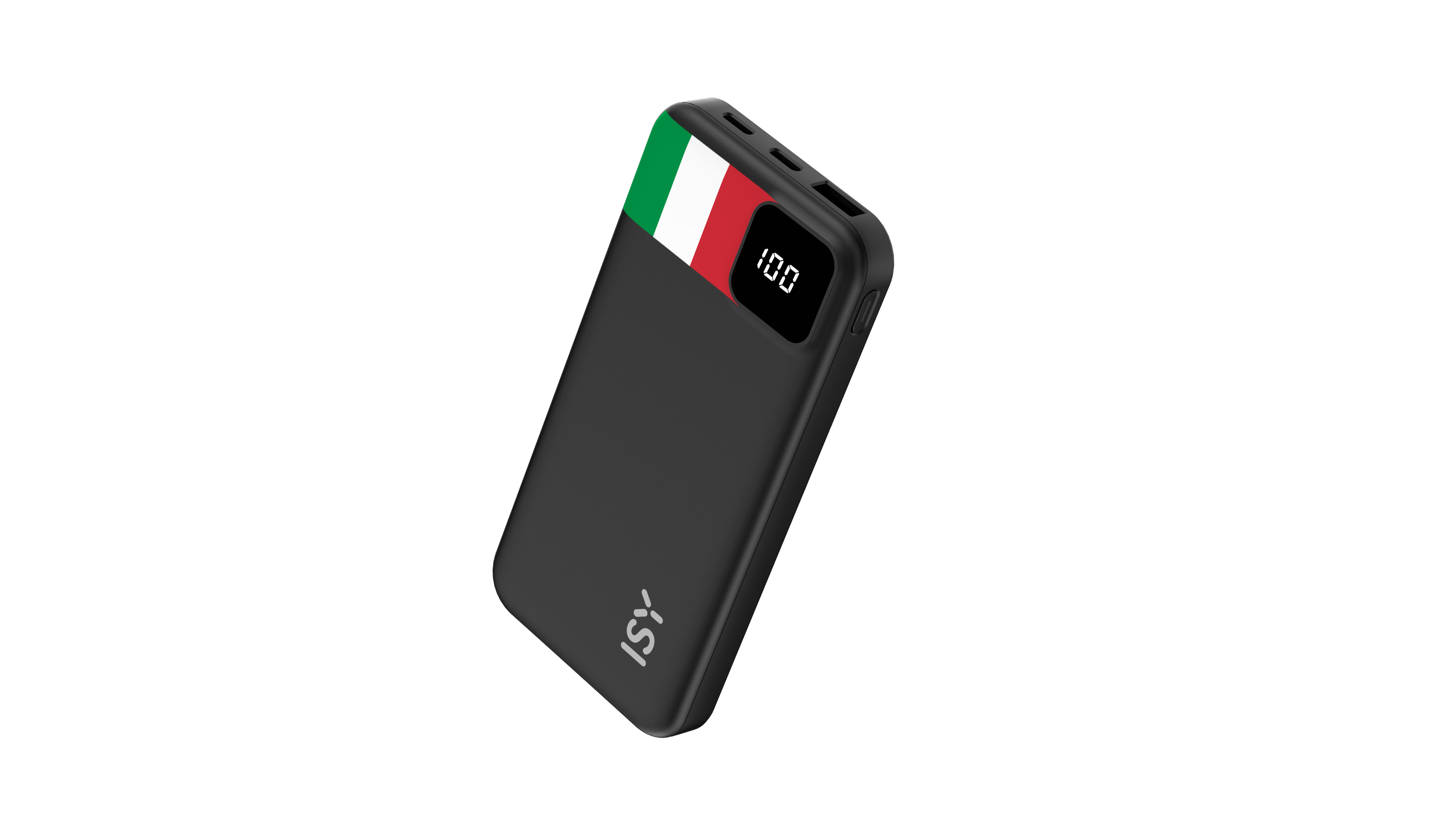 Schwarzes Ladegerät mit italienischer Flagge und Anzeige "100".