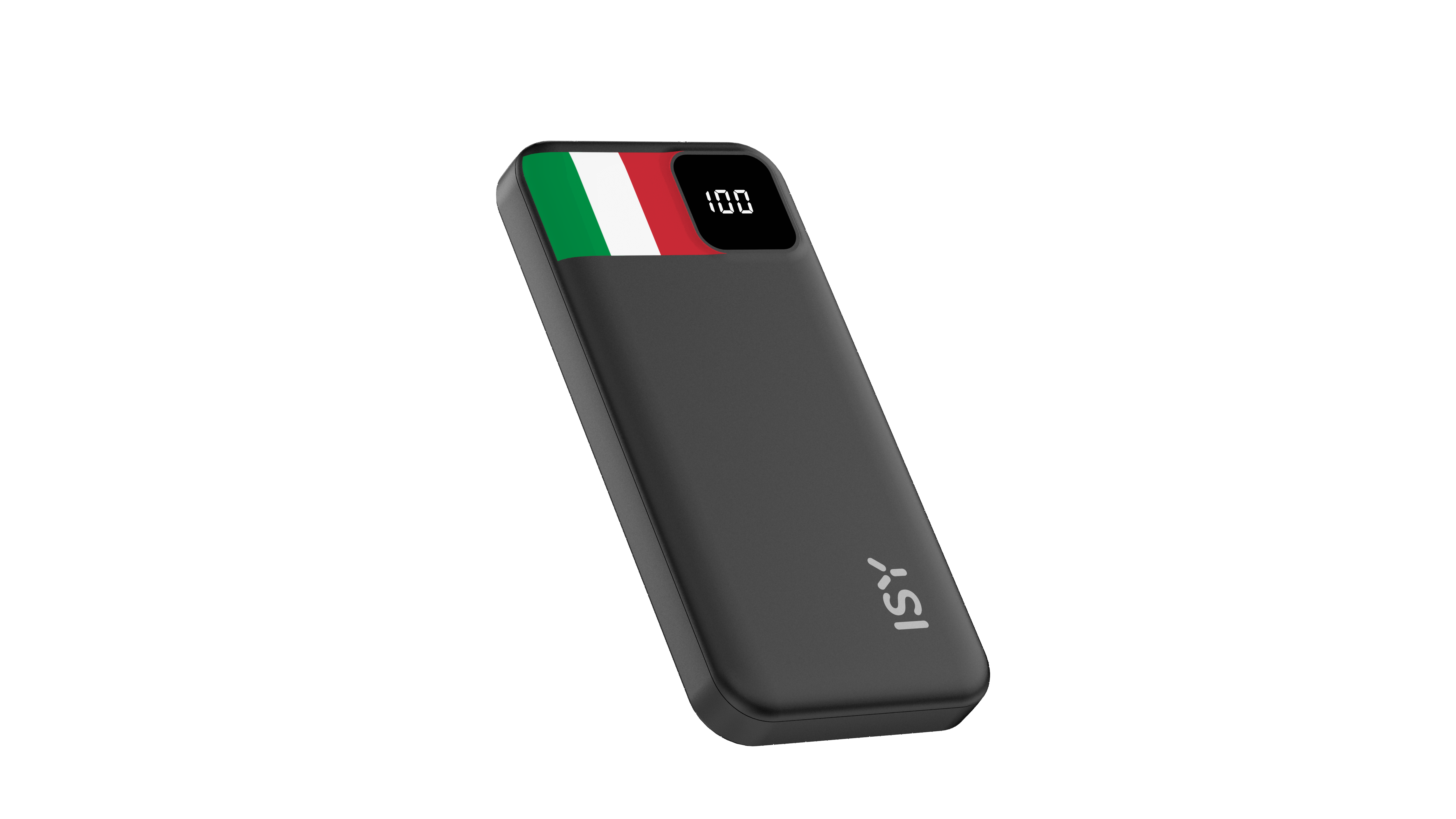 Schwarzes Powerbank mit italienischer Flagge und digitaler Anzeige 100.