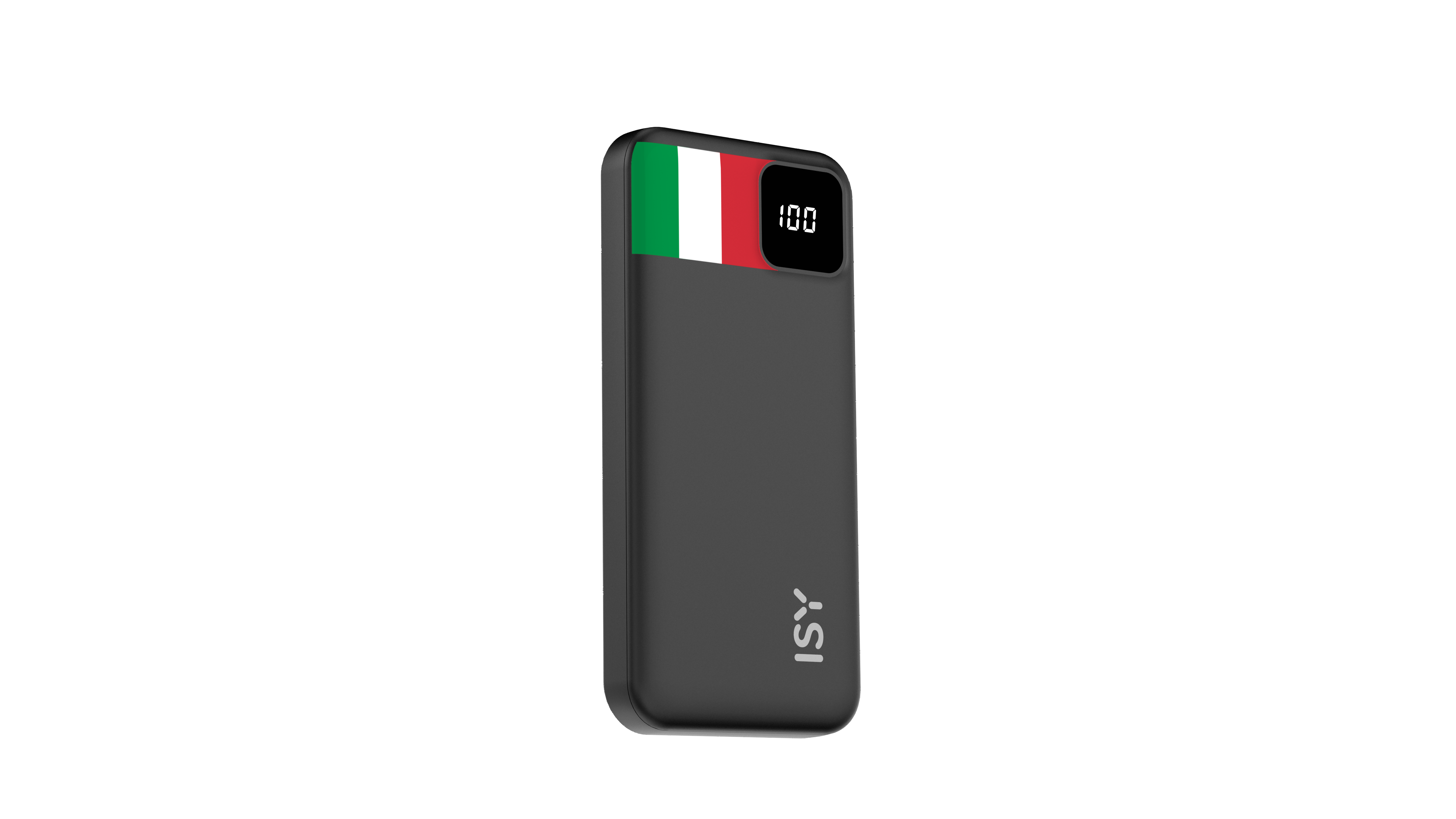 Schwarzer Akku mit italienischer Flagge und digitaler Anzeige von 100.