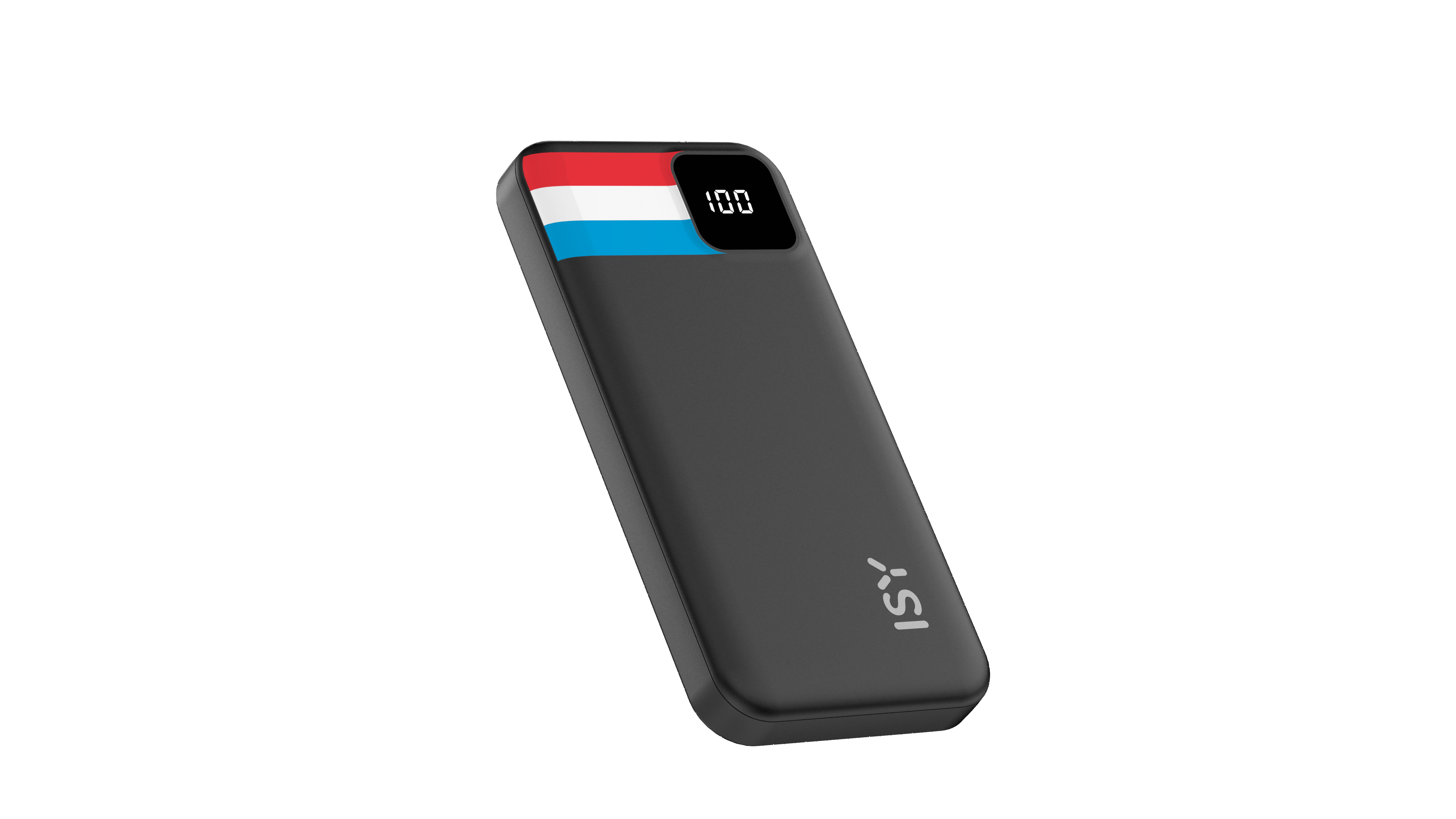Schwarzes Ladegerät mit roter, weißer und blauer Flagge und LED-Anzeige 100.
