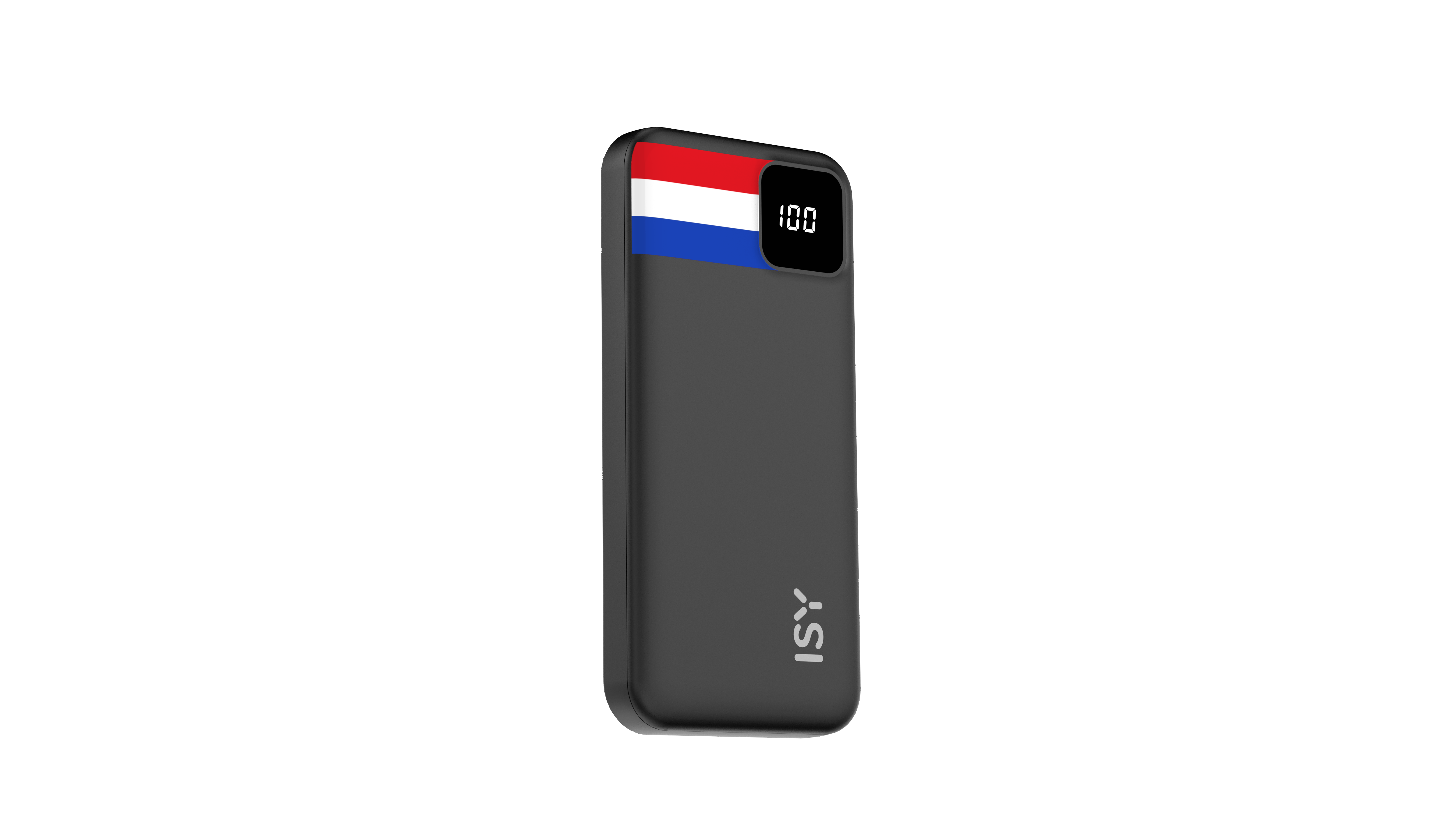 Grauer Powerbank mit niederländischer Flagge und digitaler Anzeige 100.