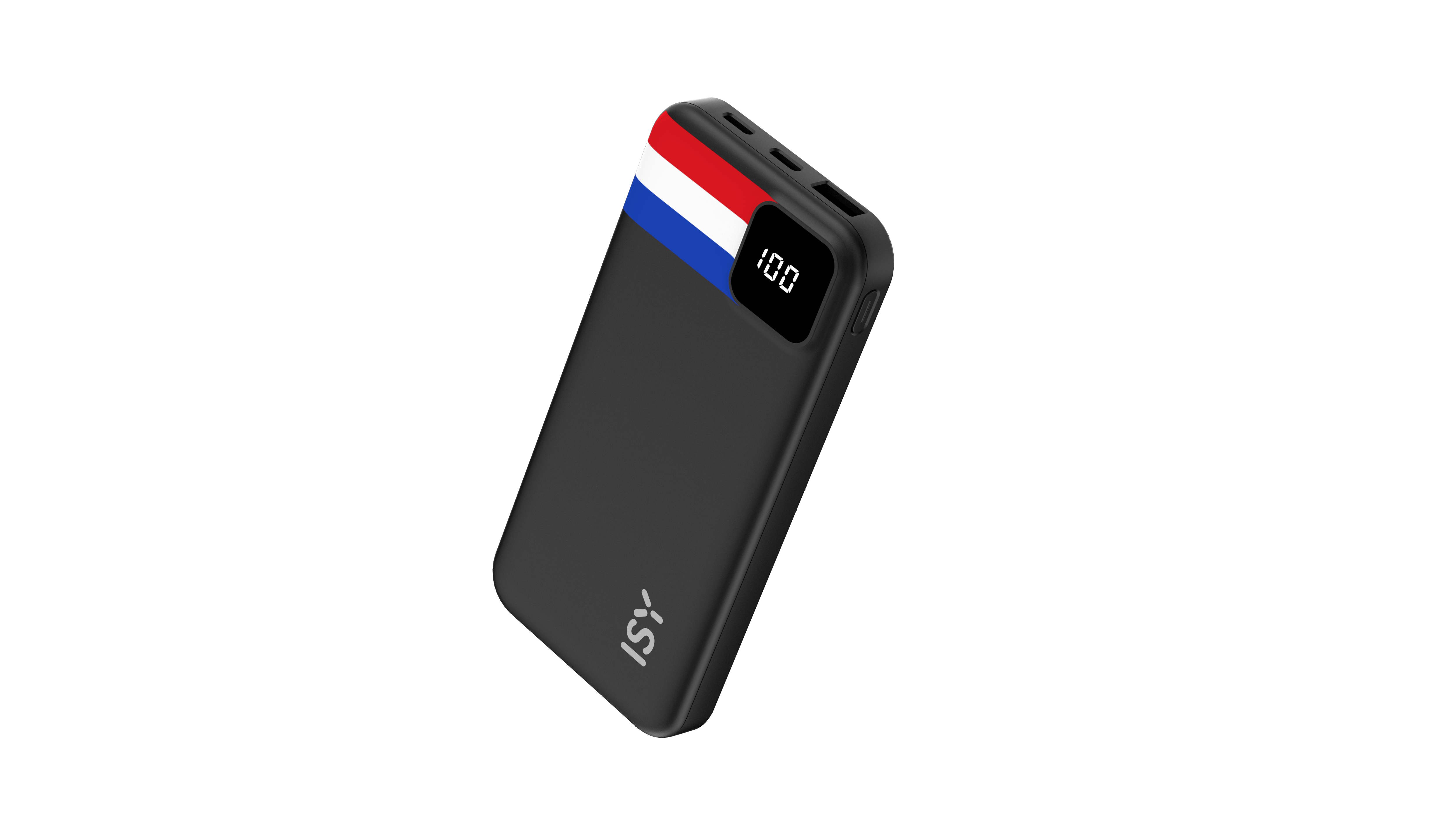 Schwarzes Powerbank mit roter, weißer und blauer Streifenverzierung und digitaler Anzeige.