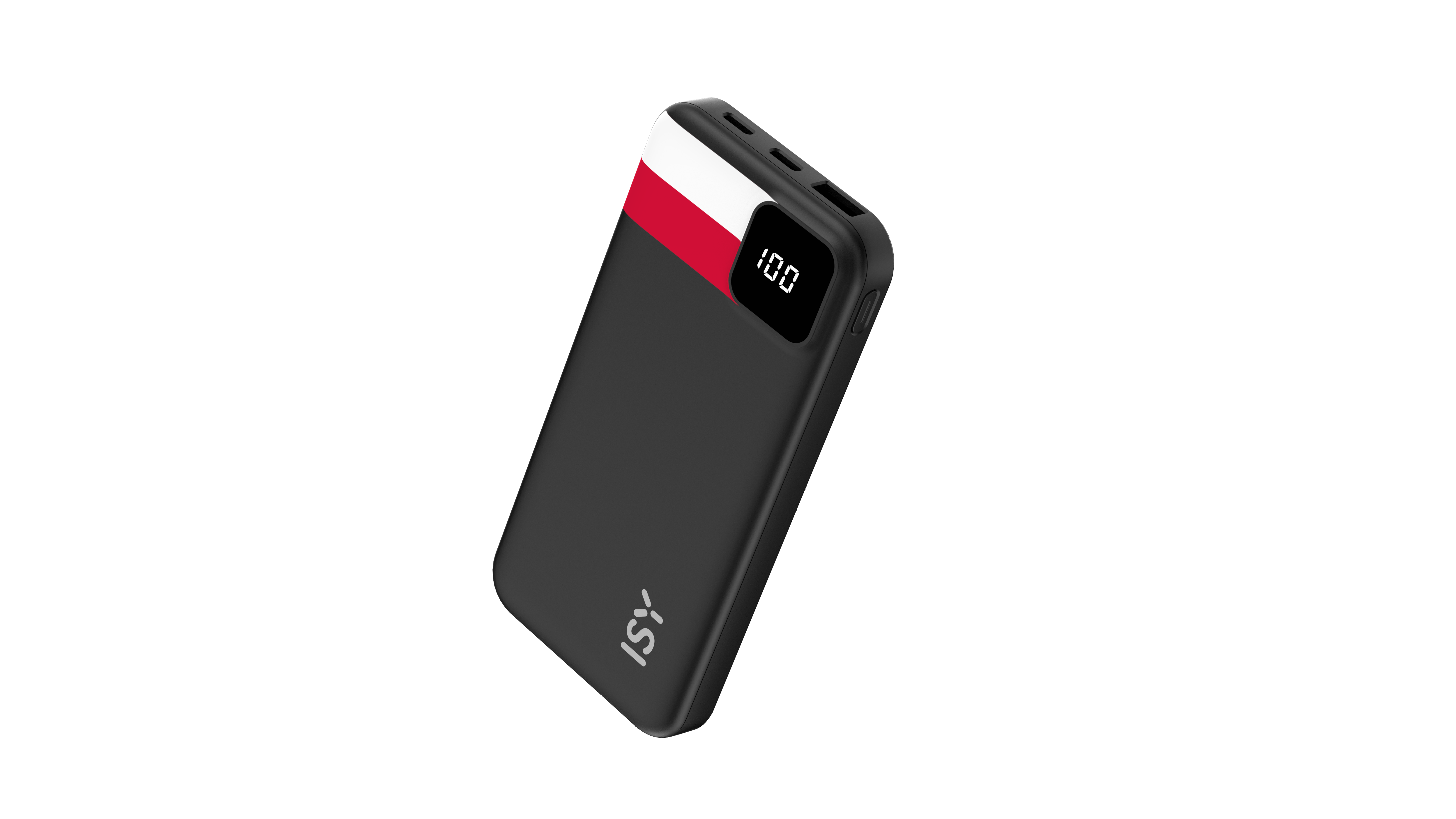 Schwarzer Powerbank mit weiß-roter Oberseite und digitaler Anzeige.
