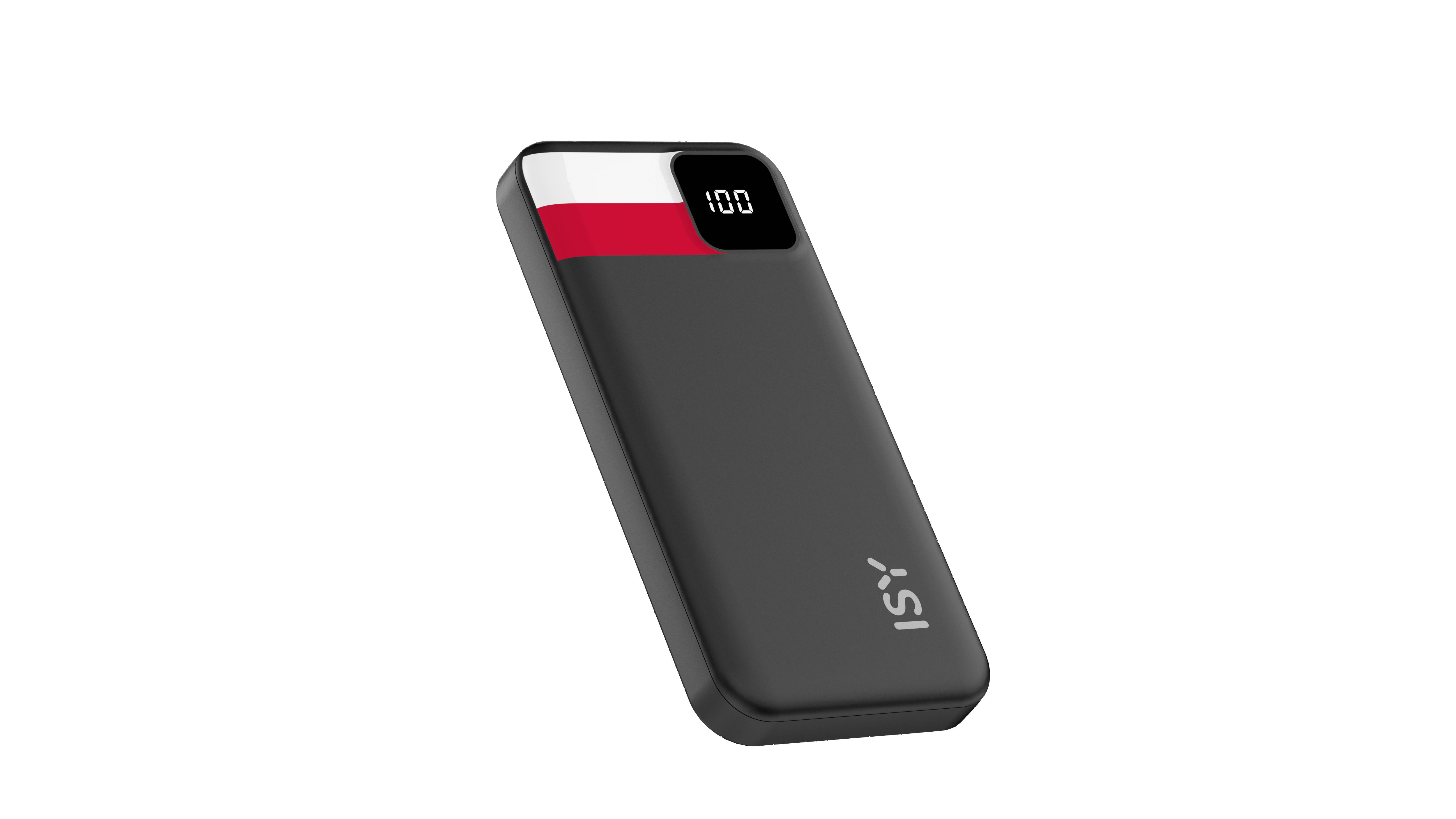 Schwarzes Powerbank mit weiß-rotem Streifen und 100% Anzeige.
