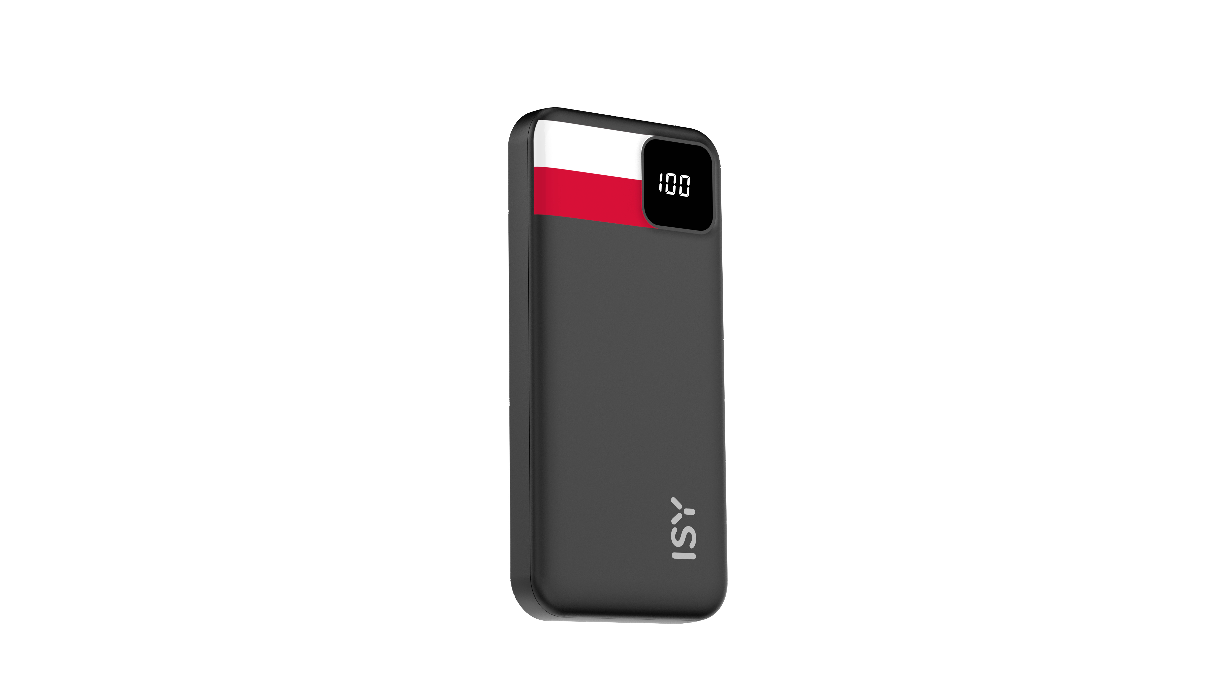 Ein dunkler Powerbank mit polnischer Flagge und 100% Anzeige.