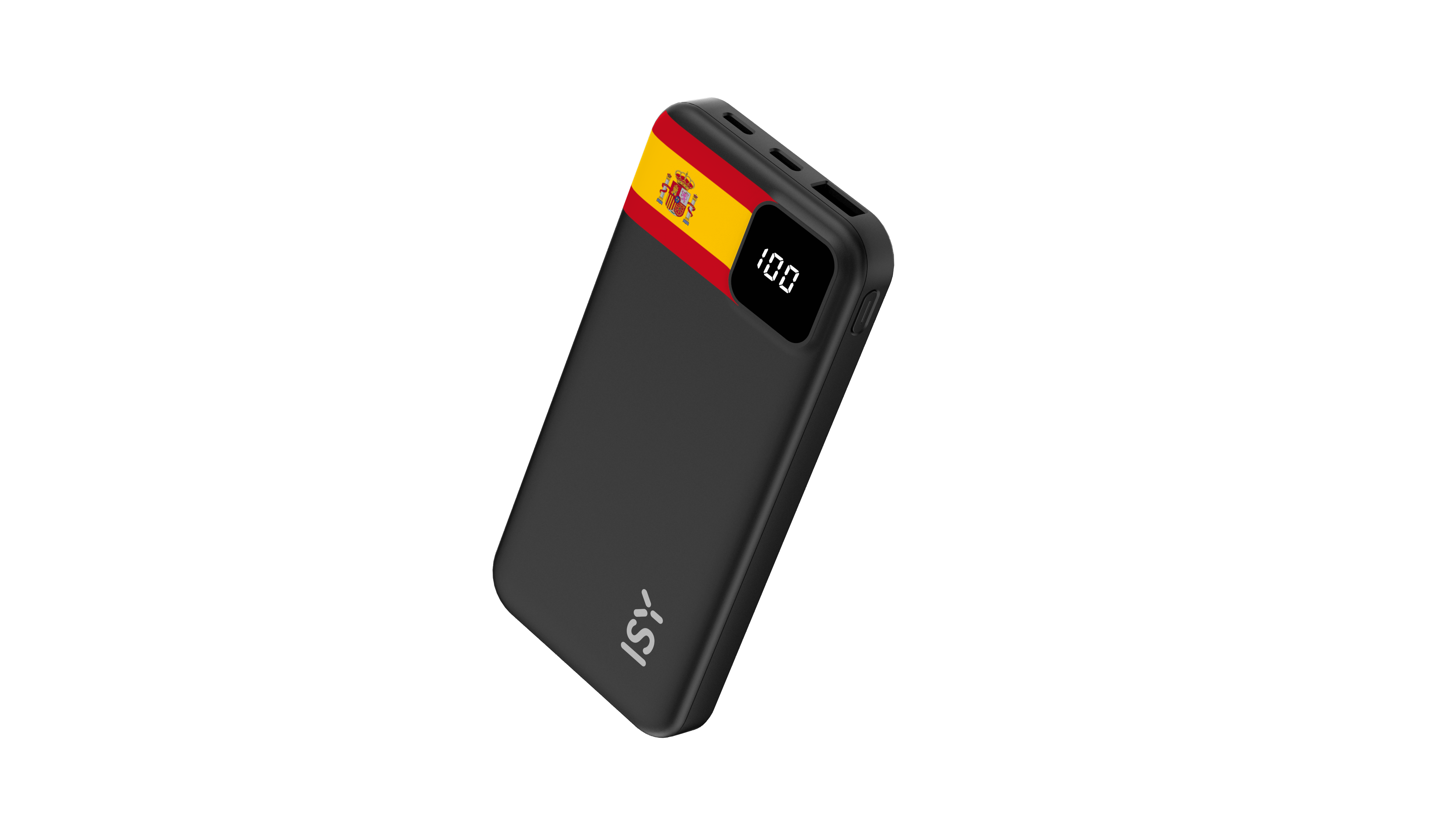 Schwarzes Lade-Gerät mit Spanien-Flagge und 100% Anzeige.