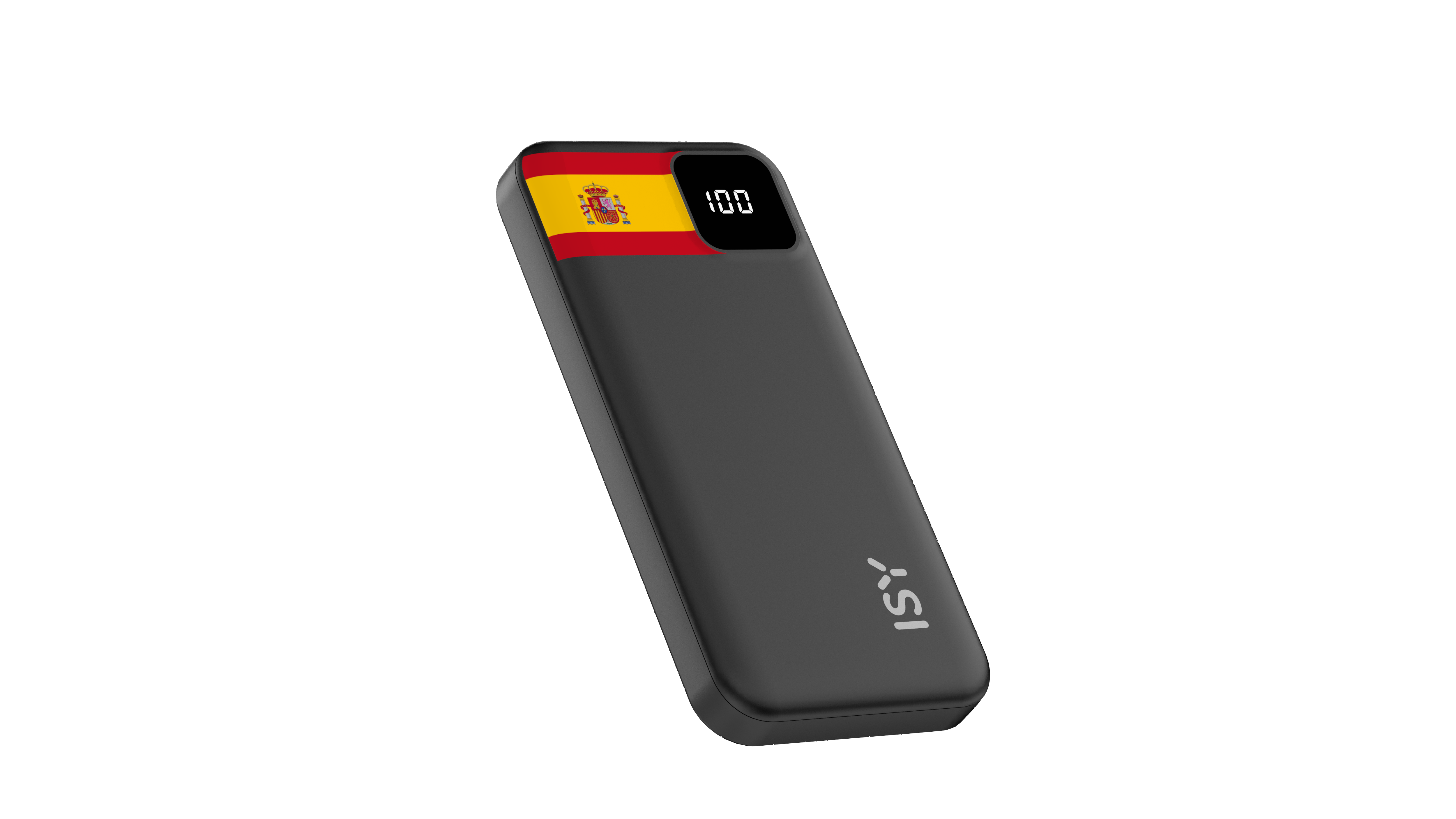 Schwarzes Powerbank mit Spanienflagge und 100% Anzeige