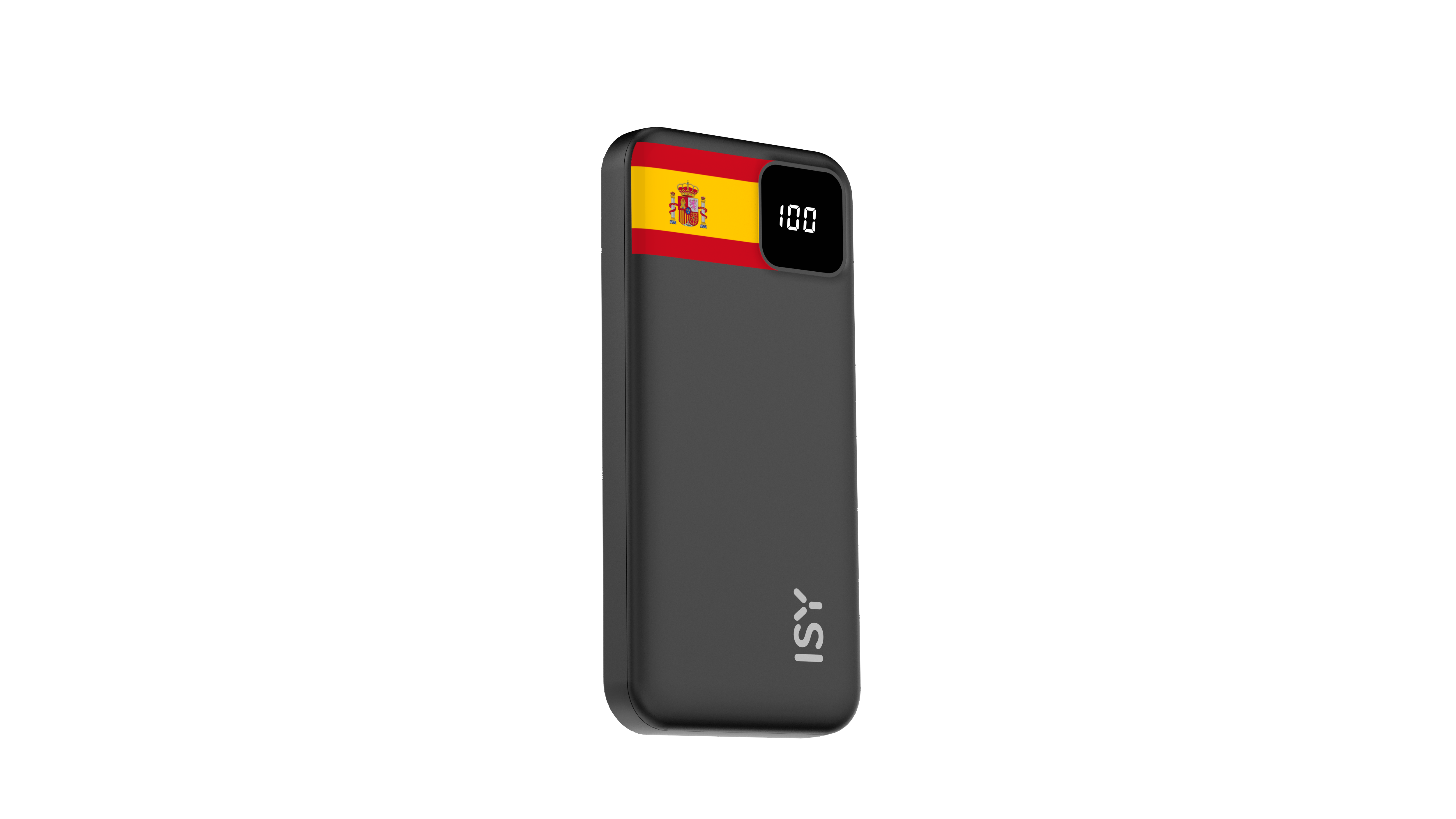 Schwarzes Ladegerät mit spanischer Flagge und digitaler Anzeige (100).