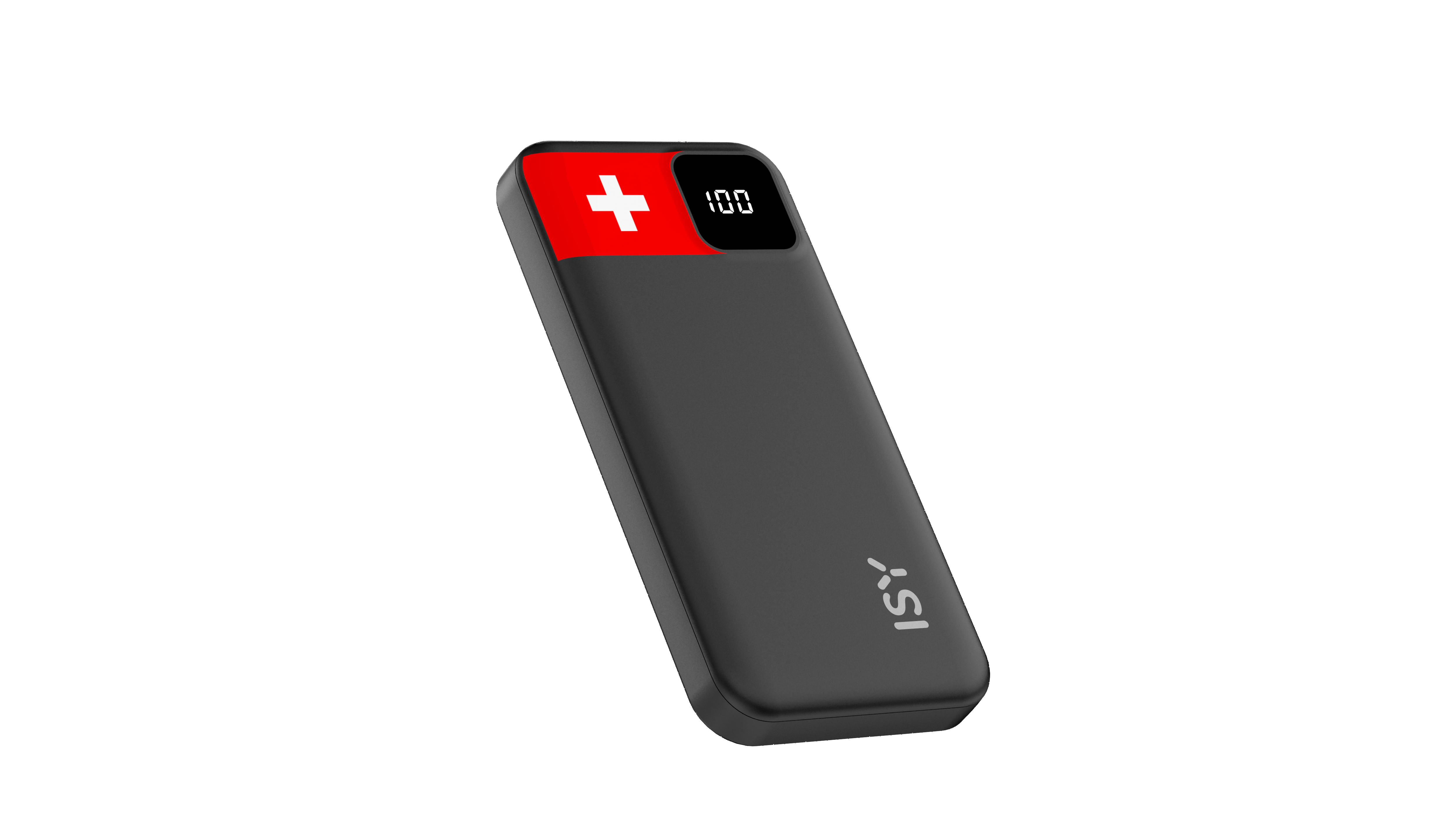 Ein graues Powerbank-Gerät mit Schweizer Flagge und digitaler Anzeige von 100.