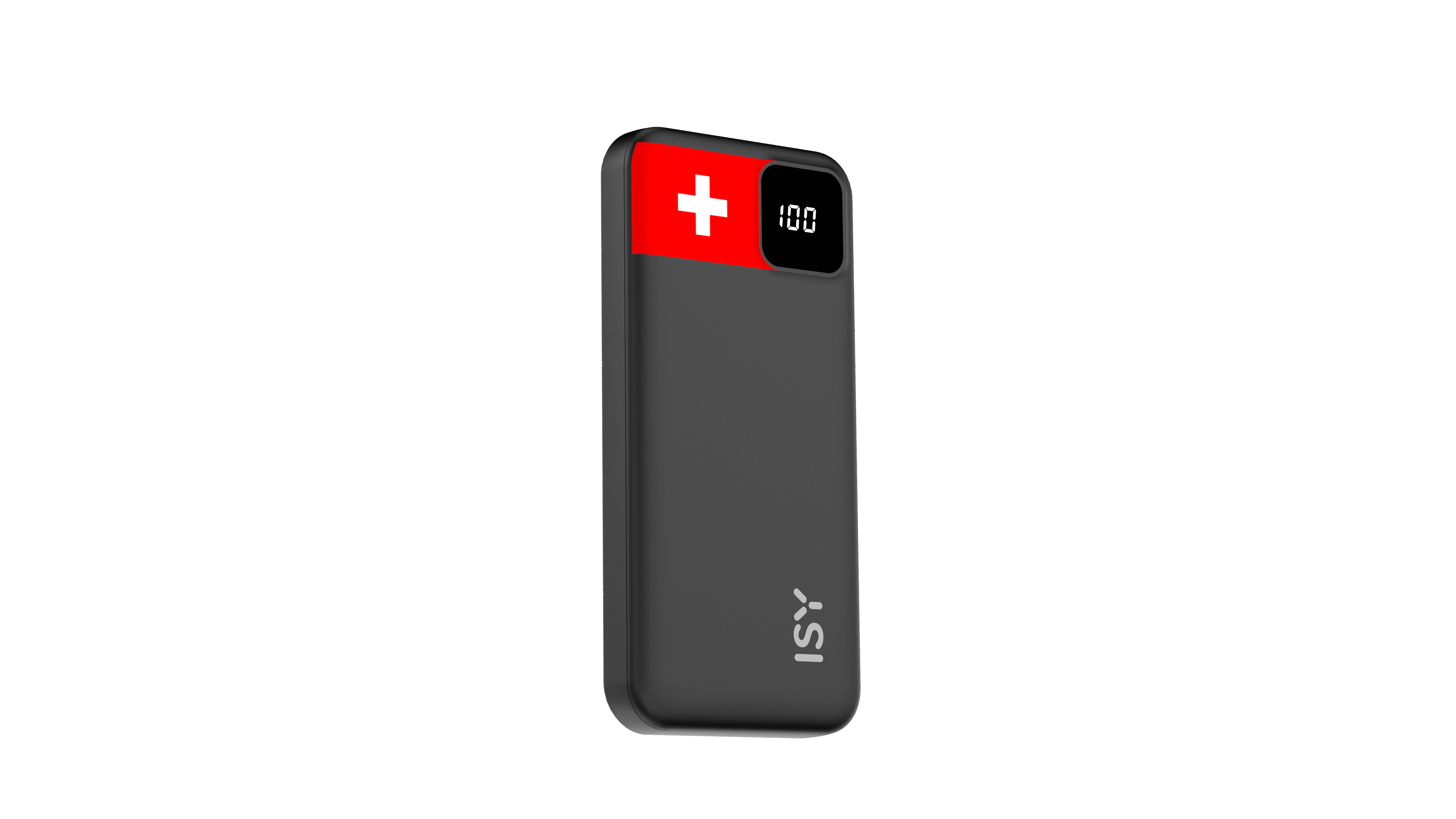 Schwarzes Powerbank mit Schweizer Flagge und 100% Anzeige.