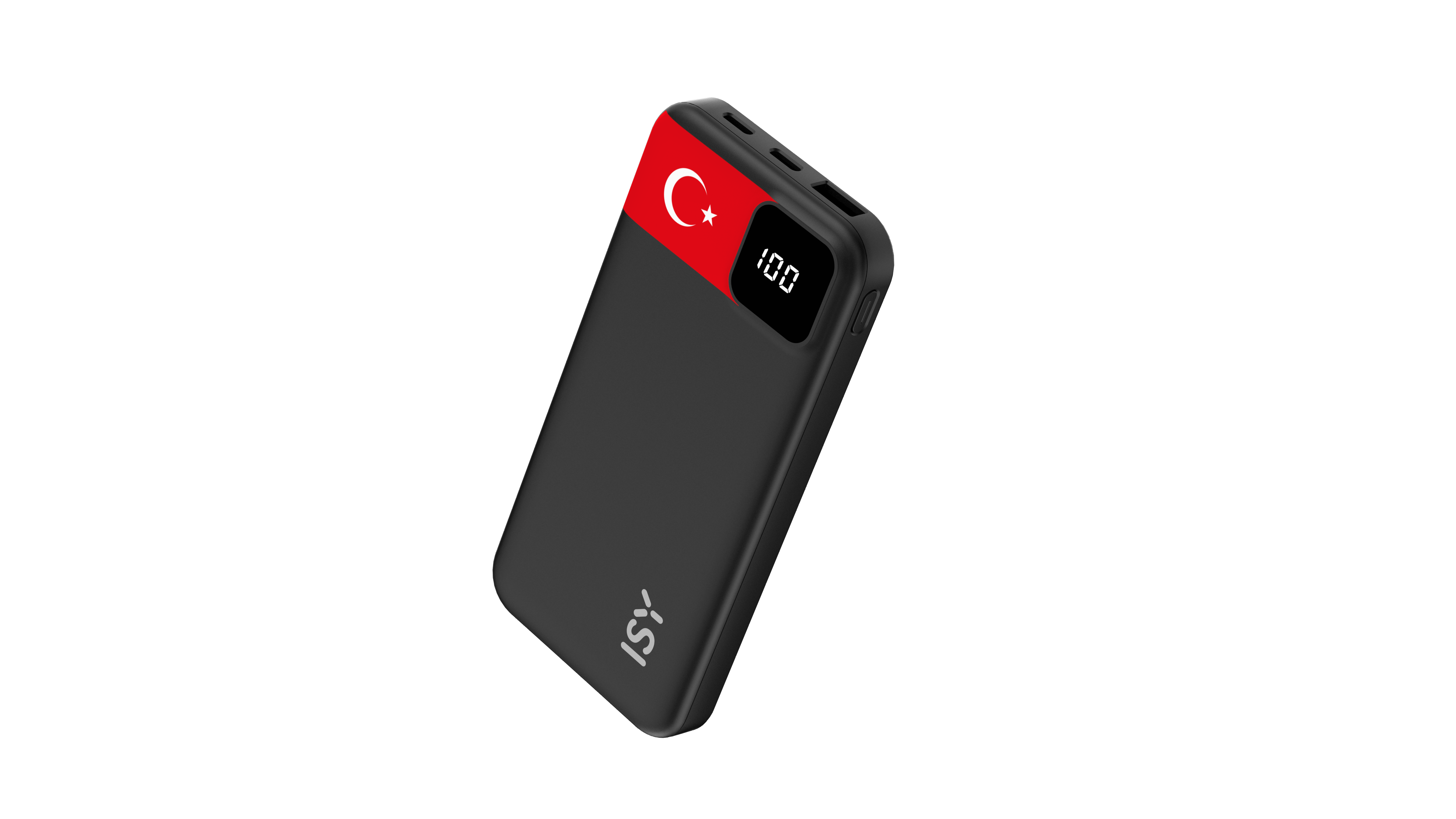 Schwarzer Powerbank mit türkischer Flagge und 100% Ladestandanzeige.