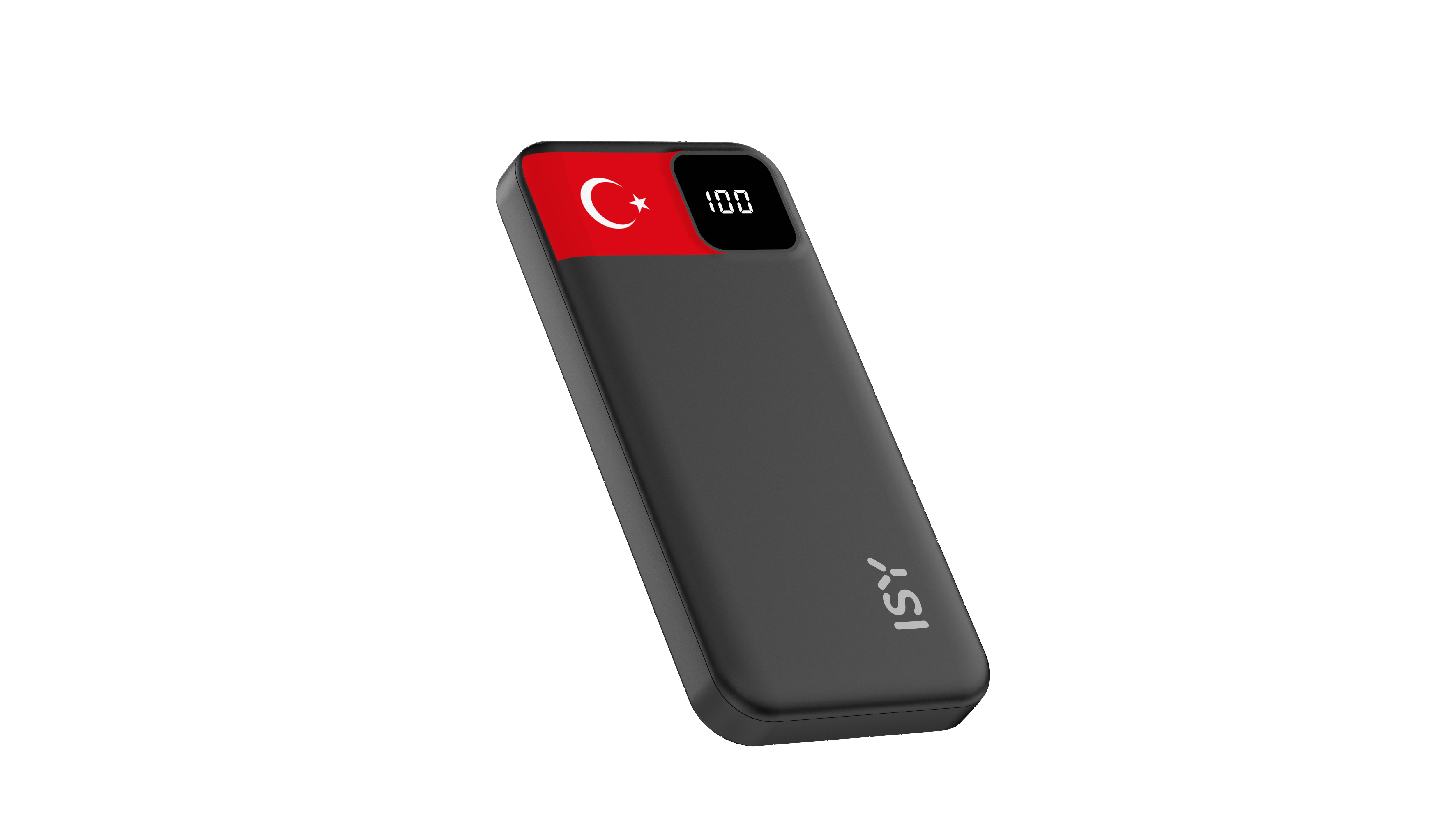 Schwarzes Powerbank mit türkischer Flagge und 100% Ladestandanzeige.