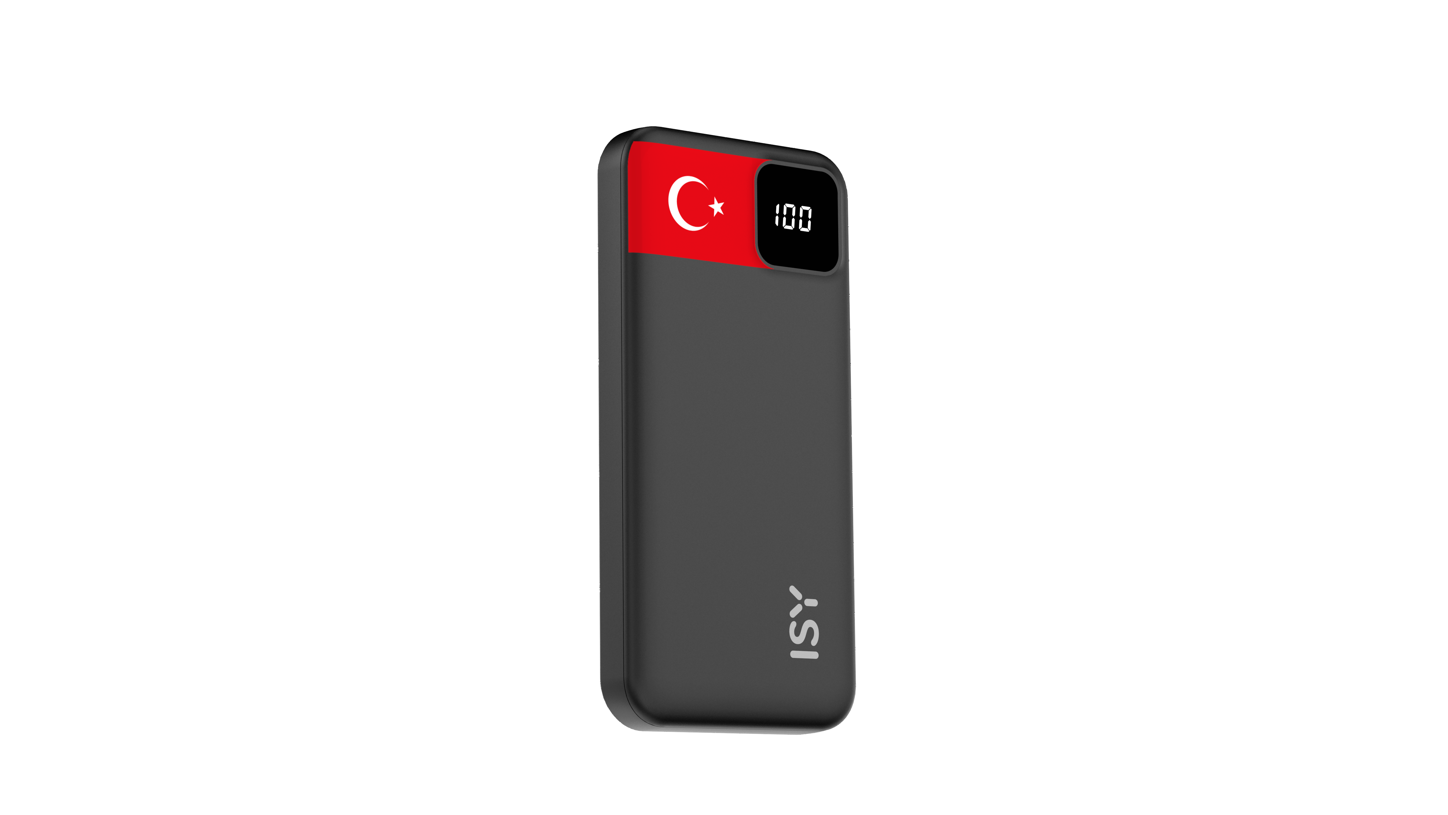 Ein schwarzes ISY Powerbank mit türkischer Flagge und 100% Anzeige.