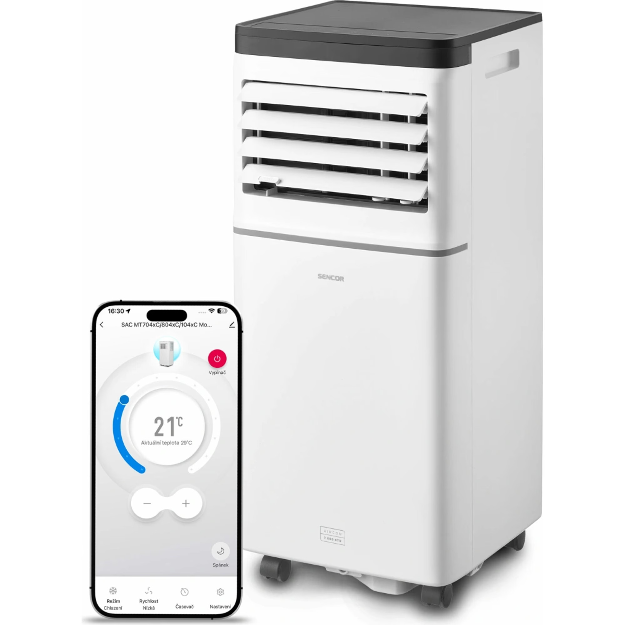 Biała wieża klimatyzatora SENCOR obok smartfona z aplikacją sterującą. Aplikacja pokazuje 21°C.
