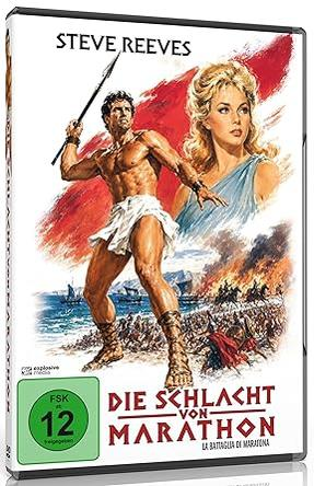 Steve Reeves wirft Speer, Frau im blauen Kleid, Schlachtszene im Hintergrund.