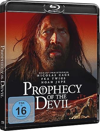 Blu-ray Cover: Nicolas Cage mit Bart, Hintergrund rote Wüste, Titel 'Prophecy of the Devil'.